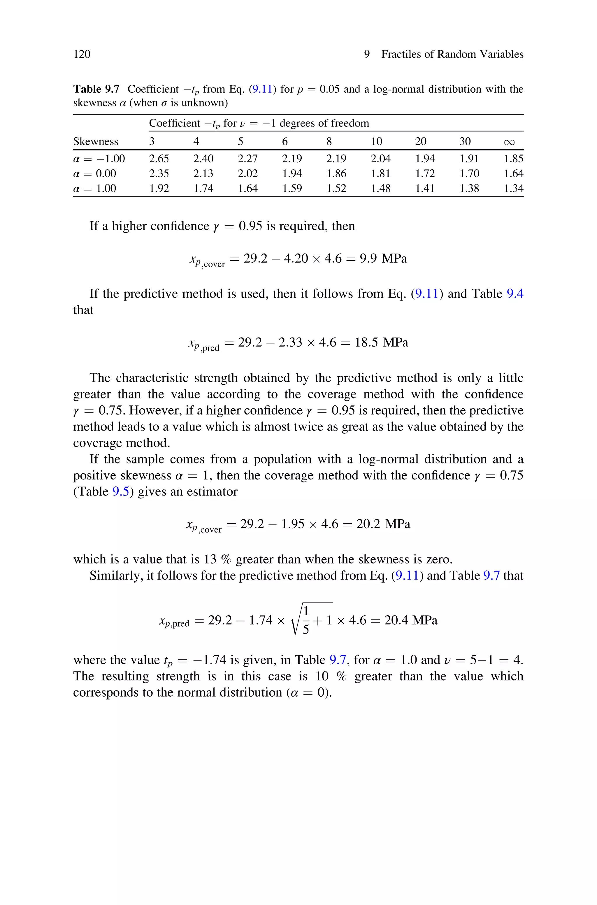 If a higher confidence γ ¼ 0.95 is required, then
xp;cover ¼ 29:2  4:20  4:6 ¼ 9:9 MPa
If the predictive method is used, then it follows from Eq. (9.11) and Table 9.4
that
xp;pred ¼ 29:2  2:33  4:6 ¼ 18:5 MPa
The characteristic strength obtained by the predictive method is only a little
greater than the value according to the coverage method with the confidence
γ ¼ 0.75. However, if a higher confidence γ ¼ 0.95 is required, then the predictive
method leads to a value which is almost twice as great as the value obtained by the
coverage method.
If the sample comes from a population with a log-normal distribution and a
positive skewness α ¼ 1, then the coverage method with the confidence γ ¼ 0.75
(Table 9.5) gives an estimator
xp;cover ¼ 29:2  1:95  4:6 ¼ 20:2 MPa
which is a value that is 13 % greater than when the skewness is zero.
Similarly, it follows for the predictive method from Eq. (9.11) and Table 9.7 that
xp;pred ¼ 29:2  1:74 
ﬃﬃﬃﬃﬃﬃﬃﬃﬃﬃﬃ
1
5
þ 1
r
 4:6 ¼ 20:4 MPa
where the value tp ¼ 1.74 is given, in Table 9.7, for α ¼ 1.0 and ν ¼ 51 ¼ 4.
The resulting strength is in this case is 10 % greater than the value which
corresponds to the normal distribution (α ¼ 0).
Table 9.7 Coefficient tp from Eq. (9.11) for p ¼ 0.05 and a log-normal distribution with the
skewness α (when σ is unknown)
Skewness
Coefficient tp for ν ¼ 1 degrees of freedom
3 4 5 6 8 10 20 30 1
α ¼ 1.00 2.65 2.40 2.27 2.19 2.19 2.04 1.94 1.91 1.85
α ¼ 0.00 2.35 2.13 2.02 1.94 1.86 1.81 1.72 1.70 1.64
α ¼ 1.00 1.92 1.74 1.64 1.59 1.52 1.48 1.41 1.38 1.34
120 9 Fractiles of Random Variables
 