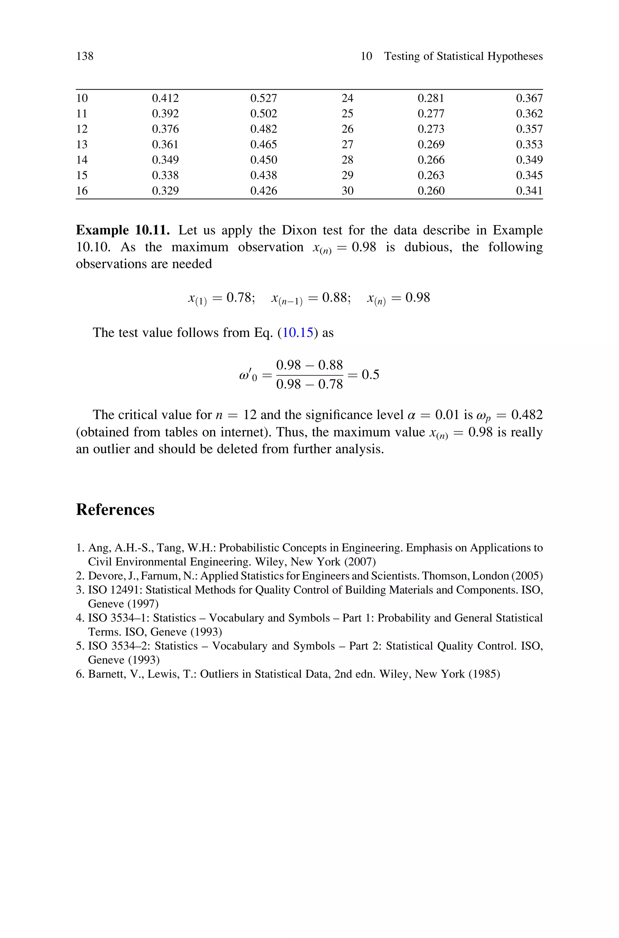 10 0.412 0.527 24 0.281 0.367
11 0.392 0.502 25 0.277 0.362
12 0.376 0.482 26 0.273 0.357
13 0.361 0.465 27 0.269 0.353
14 0.349 0.450 28 0.266 0.349
15 0.338 0.438 29 0.263 0.345
16 0.329 0.426 30 0.260 0.341
Example 10.11. Let us apply the Dixon test for the data describe in Example
10.10. As the maximum observation x(n) ¼ 0.98 is dubious, the following
observations are needed
xð1Þ ¼ 0:78; xðn1Þ ¼ 0:88; xðnÞ ¼ 0:98
The test value follows from Eq. (10.15) as
ω0
0 ¼
0:98  0:88
0:98  0:78
¼ 0:5
The critical value for n ¼ 12 and the significance level α ¼ 0.01 is ωp ¼ 0.482
(obtained from tables on internet). Thus, the maximum value x(n) ¼ 0.98 is really
an outlier and should be deleted from further analysis.
References
1. Ang, A.H.-S., Tang, W.H.: Probabilistic Concepts in Engineering. Emphasis on Applications to
Civil Environmental Engineering. Wiley, New York (2007)
2. Devore, J., Farnum, N.: Applied Statistics for Engineers and Scientists. Thomson, London (2005)
3. ISO 12491: Statistical Methods for Quality Control of Building Materials and Components. ISO,
Geneve (1997)
4. ISO 3534–1: Statistics – Vocabulary and Symbols – Part 1: Probability and General Statistical
Terms. ISO, Geneve (1993)
5. ISO 3534–2: Statistics – Vocabulary and Symbols – Part 2: Statistical Quality Control. ISO,
Geneve (1993)
6. Barnett, V., Lewis, T.: Outliers in Statistical Data, 2nd edn. Wiley, New York (1985)
138 10 Testing of Statistical Hypotheses
 