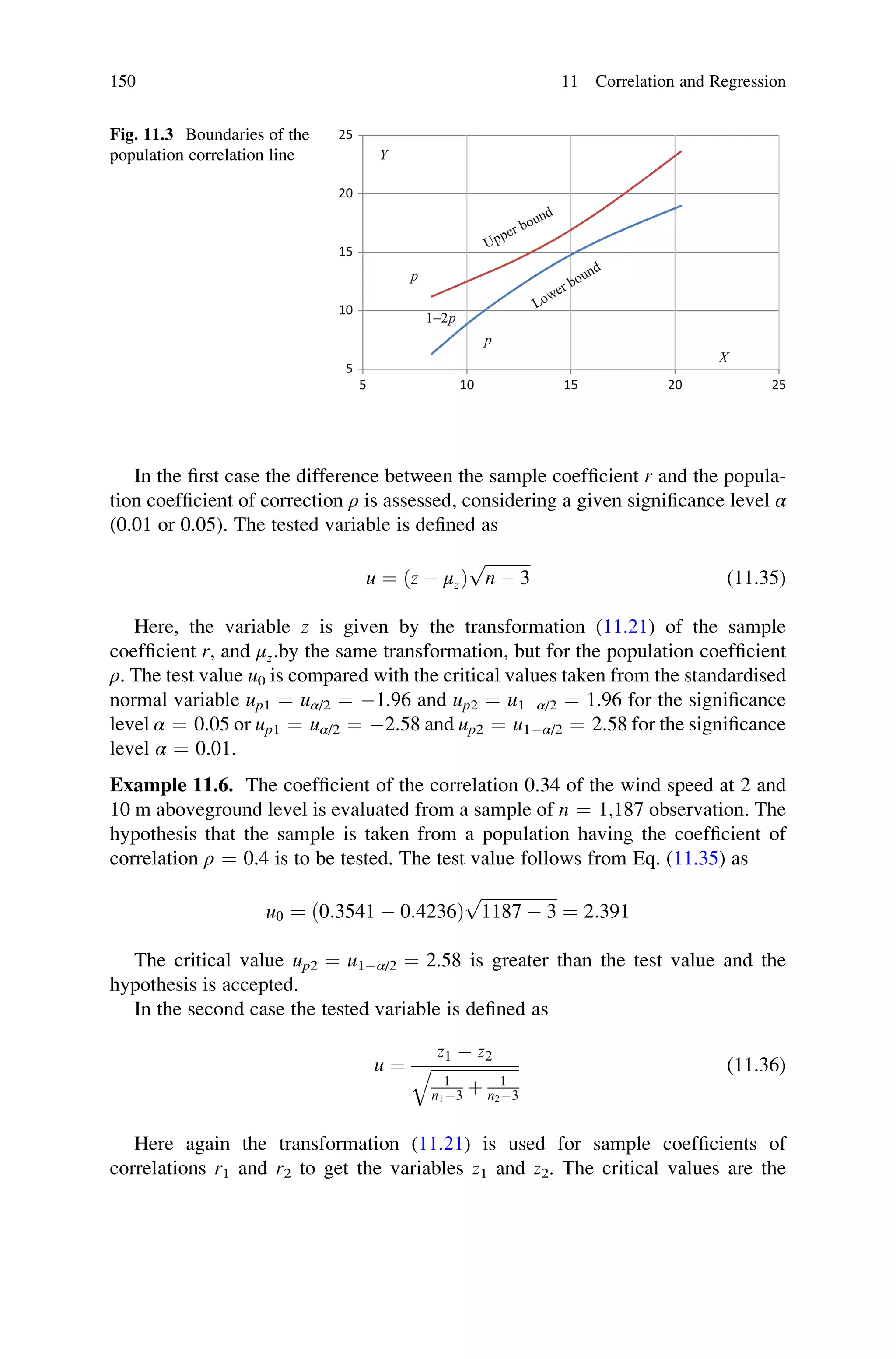 In the first case the difference between the sample coefficient r and the popula-
tion coefficient of correction ρ is assessed, considering a given significance level α
(0.01 or 0.05). The tested variable is defined as
u ¼ ðz  μzÞ
ﬃﬃﬃﬃﬃﬃﬃﬃﬃﬃﬃ
n  3
p
(11.35)
Here, the variable z is given by the transformation (11.21) of the sample
coefficient r, and μz.by the same transformation, but for the population coefficient
ρ. The test value u0 is compared with the critical values taken from the standardised
normal variable up1 ¼ uα/2 ¼ 1.96 and up2 ¼ u1α/2 ¼ 1.96 for the significance
level α ¼ 0.05 or up1 ¼ uα/2 ¼ 2.58 and up2 ¼ u1α/2 ¼ 2.58 for the significance
level α ¼ 0.01.
Example 11.6. The coefficient of the correlation 0.34 of the wind speed at 2 and
10 m aboveground level is evaluated from a sample of n ¼ 1,187 observation. The
hypothesis that the sample is taken from a population having the coefficient of
correlation ρ ¼ 0.4 is to be tested. The test value follows from Eq. (11.35) as
u0 ¼ ð0:3541  0:4236Þ
ﬃﬃﬃﬃﬃﬃﬃﬃﬃﬃﬃﬃﬃﬃﬃﬃﬃﬃ
1187  3
p
¼ 2:391
The critical value up2 ¼ u1α/2 ¼ 2.58 is greater than the test value and the
hypothesis is accepted.
In the second case the tested variable is defined as
u ¼
z1  z2
ﬃﬃﬃﬃﬃﬃﬃﬃﬃﬃﬃﬃﬃﬃﬃﬃﬃﬃﬃﬃﬃ
1
n13 þ 1
n23
q (11.36)
Here again the transformation (11.21) is used for sample coefficients of
correlations r1 and r2 to get the variables z1 and z2. The critical values are the
5
10
15
20
25
5 10 15 20 25
Y
X
p
p
1-2p
Fig. 11.3 Boundaries of the
population correlation line
150 11 Correlation and Regression
 