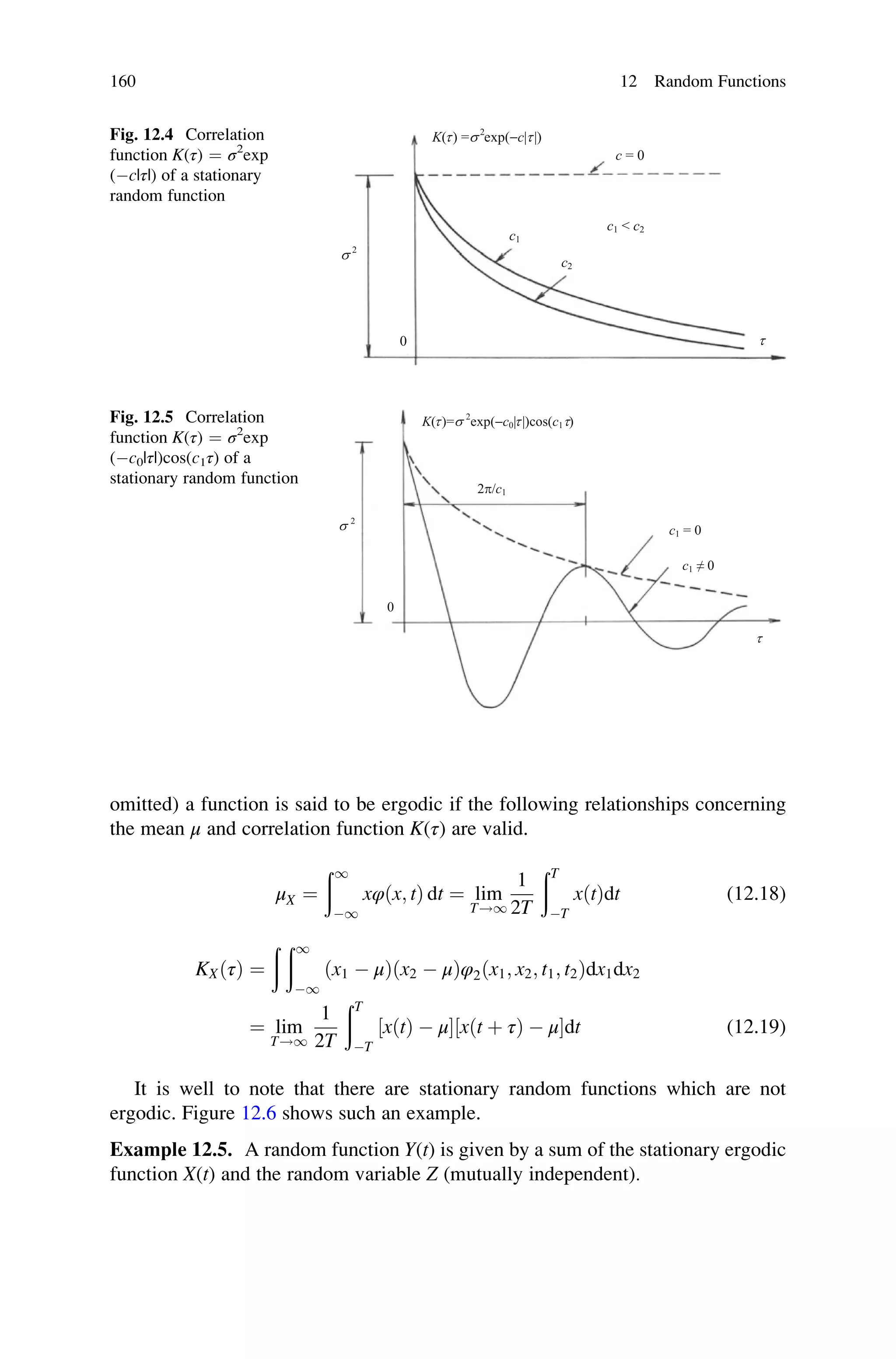 omitted) a function is said to be ergodic if the following relationships concerning
the mean μ and correlation function K(τ) are valid.
μX ¼
ð1
1
xφðx; tÞ dt ¼ lim
T!1
1
2T
ðT
T
xðtÞdt (12.18)
KXðτÞ ¼
ð ð1
1
ðx1  μÞðx2  μÞφ2ðx1; x2; t1; t2Þdx1dx2
¼ lim
T!1
1
2T
ðT
T
xðtÞ  μ
½  xðt þ τÞ  μ
½ dt (12.19)
It is well to note that there are stationary random functions which are not
ergodic. Figure 12.6 shows such an example.
Example 12.5. A random function Y(t) is given by a sum of the stationary ergodic
function X(t) and the random variable Z (mutually independent).
K(t) =s 2
exp(-c|t|)
c = 0
c1
c2
c1  c2
t
s 2
0
Fig. 12.4 Correlation
function K(τ) ¼ σ2
exp
(c|τ|) of a stationary
random function
K(t)=s 2
exp(-c0|t|)cos(c1t)
2p/c1
c1 = 0
c1 ≠ 0
t
0
s 2
Fig. 12.5 Correlation
function K(τ) ¼ σ2
exp
(c0|τ|)cos(c1τ) of a
stationary random function
160 12 Random Functions
 