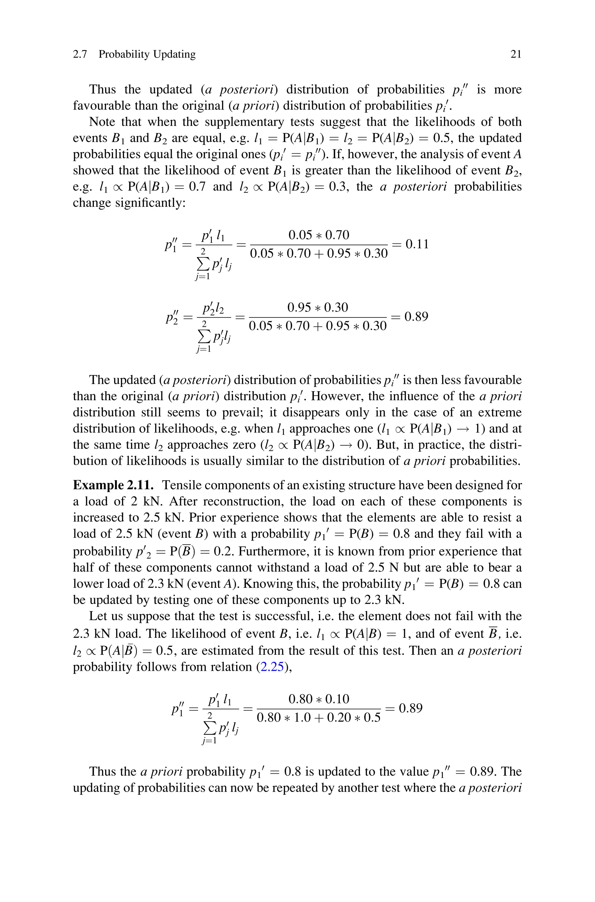 Thus the updated (a posteriori) distribution of probabilities pi
00
is more
favourable than the original (a priori) distribution of probabilities pi
0
.
Note that when the supplementary tests suggest that the likelihoods of both
events B1 and B2 are equal, e.g. l1 ¼ P(AjB1) ¼ l2 ¼ P(AjB2) ¼ 0.5, the updated
probabilities equal the original ones (pi
0
¼ pi
00
). If, however, the analysis of event A
showed that the likelihood of event B1 is greater than the likelihood of event B2,
e.g. l1 / P(AjB1) ¼ 0.7 and l2 / P(AjB2) ¼ 0.3, the a posteriori probabilities
change significantly:
p00
1 ¼
p0
1 l1
P
2
j¼1
p0
j lj
¼
0:05  0:70
0:05  0:70 þ 0:95  0:30
¼ 0:11
p00
2 ¼
p0
2l2
P
2
j¼1
p0
jlj
¼
0:95  0:30
0:05  0:70 þ 0:95  0:30
¼ 0:89
The updated (a posteriori) distribution of probabilities pi
00
is then less favourable
than the original (a priori) distribution pi
0
. However, the influence of the a priori
distribution still seems to prevail; it disappears only in the case of an extreme
distribution of likelihoods, e.g. when l1 approaches one (l1 / P(AjB1) ! 1) and at
the same time l2 approaches zero (l2 / P(AjB2) ! 0). But, in practice, the distri-
bution of likelihoods is usually similar to the distribution of a priori probabilities.
Example 2.11. Tensile components of an existing structure have been designed for
a load of 2 kN. After reconstruction, the load on each of these components is
increased to 2.5 kN. Prior experience shows that the elements are able to resist a
load of 2.5 kN (event B) with a probability p1
0
¼ P(B) ¼ 0.8 and they fail with a
probability p0
2 ¼ PðBÞ ¼ 0:2. Furthermore, it is known from prior experience that
half of these components cannot withstand a load of 2.5 N but are able to bear a
lower load of 2.3 kN (event A). Knowing this, the probability p1
0
¼ P(B) ¼ 0.8 can
be updated by testing one of these components up to 2.3 kN.
Let us suppose that the test is successful, i.e. the element does not fail with the
2.3 kN load. The likelihood of event B, i.e. l1 / P(AjB) ¼ 1, and of event B, i.e.
l2 / PðA 
B
j Þ ¼ 0:5, are estimated from the result of this test. Then an a posteriori
probability follows from relation (2.25),
p00
1 ¼
p0
1 l1
P
2
j¼1
p0
j lj
¼
0:80  0:10
0:80  1:0 þ 0:20  0:5
¼ 0:89
Thus the a priori probability p1
0
¼ 0.8 is updated to the value p1
00
¼ 0.89. The
updating of probabilities can now be repeated by another test where the a posteriori
2.7 Probability Updating 21
 