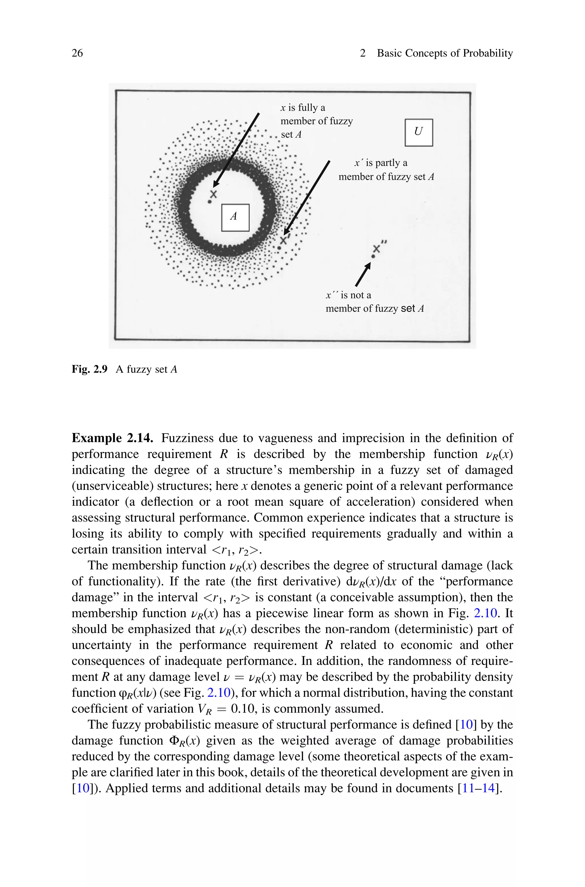 Example 2.14. Fuzziness due to vagueness and imprecision in the definition of
performance requirement R is described by the membership function νR(x)
indicating the degree of a structure’s membership in a fuzzy set of damaged
(unserviceable) structures; here x denotes a generic point of a relevant performance
indicator (a deflection or a root mean square of acceleration) considered when
assessing structural performance. Common experience indicates that a structure is
losing its ability to comply with specified requirements gradually and within a
certain transition interval r1, r2.
The membership function νR(x) describes the degree of structural damage (lack
of functionality). If the rate (the first derivative) dνR(x)/dx of the “performance
damage” in the interval r1, r2 is constant (a conceivable assumption), then the
membership function νR(x) has a piecewise linear form as shown in Fig. 2.10. It
should be emphasized that νR(x) describes the non-random (deterministic) part of
uncertainty in the performance requirement R related to economic and other
consequences of inadequate performance. In addition, the randomness of require-
ment R at any damage level ν ¼ νR(x) may be described by the probability density
function φR(x|ν) (see Fig. 2.10), for which a normal distribution, having the constant
coefficient of variation VR ¼ 0.10, is commonly assumed.
The fuzzy probabilistic measure of structural performance is defined [10] by the
damage function ΦR(x) given as the weighted average of damage probabilities
reduced by the corresponding damage level (some theoretical aspects of the exam-
ple are clarified later in this book, details of the theoretical development are given in
[10]). Applied terms and additional details may be found in documents [11–14].
x is fully a
member of fuzzy
set A
x´ is partly a
member of fuzzy set A
x´´ is not a
member of fuzzy set A
U
A
Fig. 2.9 A fuzzy set A
26 2 Basic Concepts of Probability
 