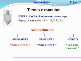 Probabilidades 9º Ano
Termos e conceitos
Acontecimento
EXPERIÊNCIA: Lançamento de um rapa
Espaço de resultados = E = { R, T, D, P }
IMPOSSÍVEL CERTO
“ Sair a letra X ” “ Sair uma
consoante ”
PROVÁVEL
“ Sair a letra T ”
 