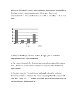 43. (Unesp 2006) O gráfico mostra, aproximadamente, a porcentagem de domicílios no
Brasil que possuem certos bens de consumo. Sabe-se que o Brasil possui
aproximadamente 50 milhões de domicílios, sendo 85% na zona urbana e 15% na zona
rural.




Admita que a distribuição percentual dos bens, dada pelo gráfico, mantenha a
proporcionalidade nas zonas urbana e rural.

a) Escrevendo todos os cálculos efetuados, determine o número de domicílios da zona
rural e, dentre esses, quantos têm máquina de lavar roupas e quantos têm televisor,
separadamente.

b) Considere os eventos T: o domicílio tem telefone e F: o domicílio tem freezer.
Supondo independência entre esses dois eventos, calcule a probabilidade de ocorrer T
ou F, isto é, calcule P(T » F). Com base no resultado obtido, calcule quantos domicílios
da zona urbana têm telefone ou freezer.
 