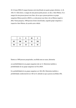 44. (Unesp 2006) O sangue humano está classificado em quatro grupos distintos: A, B,
AB e O. Além disso, o sangue de uma pessoa pode possuir, ou não, o fator Rhésus. Se o
sangue de uma pessoa possui esse fator, diz-se que a pessoa pertence ao grupo
sanguíneo Rhésus positivo (Rh®) e, se não possui esse fator, diz-se Rhésus negativo
(Rh). Numa pesquisa, 1000 pessoas foram classificadas, segundo grupo sanguíneo e
respectivo fator Rhésus, de acordo com a tabela




Dentre as 1000 pessoas pesquisadas, escolhida uma ao acaso, determine

a) a probabilidade de seu grupo sanguíneo não ser A. Determine também a
probabilidade de seu grupo sanguíneo ser B ou Rh®.

b) a probabilidade de seu grupo sanguíneo ser AB e Rh. Determine também a
probabilidade condicional de ser AB ou O, sabendo-se que a pessoa escolhida é Rh.
 