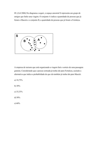 89. (Uel 2006) No diagrama a seguir, o espaço amostral S representa um grupo de
amigos que farão uma viagem. O conjunto A indica a quantidade de pessoas que já
foram a Maceió e o conjunto B, a quantidade de pessoas que já foram a Fortaleza.




A empresa de turismo que está organizando a viagem fará o sorteio de uma passagem
gratuita. Considerando que a pessoa sorteada já tenha ido para Fortaleza, assinale a
alternativa que indica a probabilidade de que ela também já tenha ido para Maceió.

a) 18,75%

b) 30%

c) 33,33%

d) 50%

e) 60%
 