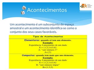 Um acontecimento é um subconjunto do espaço
amostral e um acontecimento identifica-se como o
conjunto dos seus casos favoráveis.
Acontecimentos
 