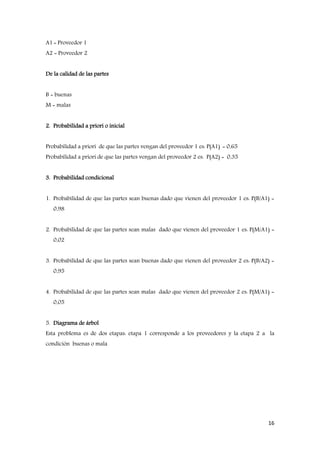 16
A1 = Proveedor 1
A2 = Proveedor 2
De la calidad de las partes
B = buenas
M = malas
2. Probabilidad a priori o inicial
Probabilidad a priori de que las partes vengan del proveedor 1 es: P(A1) = 0,65
Probabilidad a priori de que las partes vengan del proveedor 2 es: P(A2) = 0,35
3. Probabilidad condicional
1. Probabilidad de que las partes sean buenas dado que vienen del proveedor 1 es: P(B/A1) =
0,98
2. Probabilidad de que las partes sean malas dado que vienen del proveedor 1 es: P(M/A1) =
0,02
3. Probabilidad de que las partes sean buenas dado que vienen del proveedor 2 es: P(B/A2) =
0,95
4. Probabilidad de que las partes sean malas dado que vienen del proveedor 2 es: P(M/A1) =
0,05
5. Diagrama de árbol
Esta problema es de dos etapas: etapa 1 corresponde a los proveedores y la etapa 2 a la
condición buenas o mala
 
