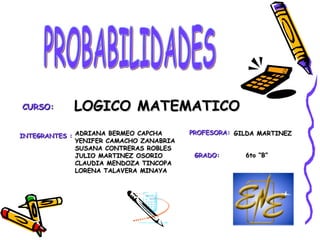 INTEGRANTES : ADRIANA BERMEO CAPCHA  YENIFER CAMACHO ZANABRIA SUSANA CONTRERAS ROBLES JULIO MARTINEZ OSORIO  CLAUDIA MENDOZA TINCOPA LORENA TALAVERA MINAYA CURSO: LOGICO MATEMATICO GRADO: 6to “B” PROBABILIDADES PROFESORA: GILDA MARTINEZ 