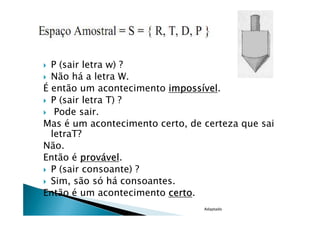 P (sair letra w) ?
  Não há a letra W.
É então um acontecimento impossível
                          impossível.
  P (sair letra T) ?
   Pode sair.
Mas é um acontecimento certo, de certeza que sai
  letraT?
Não.
         provável.
Então é provável
  P (sair consoante) ?
  Sim, são só há consoantes.
Então é um acontecimento certo
                          certo.
                                 Adaptado
 