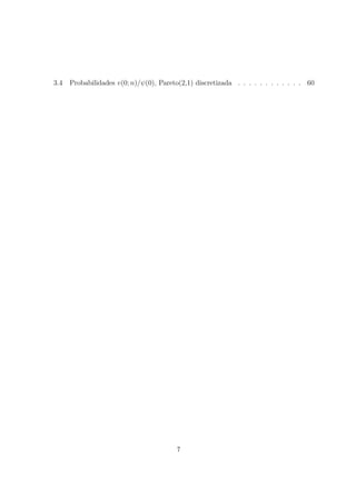 3.4 Probabilidades v(0; n)/ψ(0), Pareto(2,1) discretizada . . . . . . . . . . . . 60
7
 