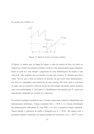 de acordo com a Figura 1.1.
U(t)
t
u
U(t)
U(T)
U(T − 1)
T T
Figura 1.1: Reserva de risco em tempo cont´ınuo
A Figura 1.1 mostra que, ao longo do tempo, o valor da reserva de risco vai tendo os-
cila¸c˜oes em virtude dos pr´emios recebidos (receita) e das indemniza¸c˜oes pagas (despesa).
Como se pode ver, nem sempre o pagamento de uma indemniza¸c˜ao d´a origem a uma
reserva de valor negativo mas no instante em que isso acontece, T, dizemos que houve
ru´ına. Note-se que a ru´ına s´o acontece no instante em que ocorre uma indemniza¸c˜ao e
n˜ao deve ser confundida com insolvˆencia de uma carteira. De facto, ap´os a ocorrˆencia
de ru´ına, n˜ao s´o ´e poss´ıvel o valor da reserva de risco atingir novamente valores positivos
como tem probabilidade 1! Na Figura 1.1 identiﬁc´amos esse per´ıodo por T , sendo este
normalmente designado por per´ıodo de recupera¸c˜ao.
No estudo de qualquer modelo de risco, ´e sempre importante conhecer a distribui¸c˜ao das
indemniza¸c˜oes individuais. Vamos considerar B(x) = P(X ≤ x) a fun¸c˜ao distribui¸c˜ao
das indemniza¸c˜oes individuais Xi, com B(0) = 0 e b(x) a respectiva fun¸c˜ao densidade.
Vamos admitir a existˆencia da m´edia e design´a-la por b1 = E[X]. Em alguns casos ´e
necess´ario admitir a existˆencia da fun¸c˜ao geradora de momentos, m(s) = E[esXi
] como,
14
 