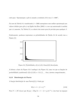 rado para “Aproxima¸c˜ao a q(0; n) usando o resultado (3.3) com β = 5000”.
No caso da Tabela 3.4, considerando β = 5000 conseguimos uma melhor aproxima¸c˜ao aos
valores obtidos para q(0; n) em Eg´ıdio dos Reis (2002) e o erro vai aumentando `a medida
que o n aumenta. Na Tabela 3.5, os valores tˆem maior grau de precis˜ao para qualquer β.
Graﬁcamente, podemos representar as probabilidades da Tabela 3.4 de acordo com a
Figura 3.3.
0
0.2
0.4
0.6
Figura 3.3: Probabilidades v(0; n)/ψ(0), Gama(2,2) discretizada
A leitura a fazer da Figura 3.3 ´e an´aloga `a da Figura 3.2, uma vez que as fun¸c˜oes de
probabilidade (condicional) v(0; n)/ψ(0) n = 0, 1, 2, . . . tˆem o mesmo comportamento.
3.2.3 Distribui¸c˜ao de Pareto
A fun¸c˜ao distribui¸c˜ao de uma Pareto(2,1) ´e dada por
B(x) = 1 − (1 + x)−2
(3.10)
Para Y = βX tem-se que BY (y) = B(y/β) = 1 − (1 + y/β)−2
e, com base na equa¸c˜ao
58
 