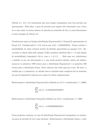 Tabelas 4.1, 4.2 e 4.3 constatamos que nem sempre conseguimos uma boa precis˜ao nas
aproxima¸c˜oes. Al´em disso, o grau de precis˜ao nem sempre est´a relacionado com o facto
de se usar maior ou menor n´umero de parcelas no somat´orio de b(u; n) como demonstram
os dois exemplos da Tabela 4.2.
Consideremos agora as fun¸c˜oes distribui¸c˜ao Exponencial(1) e Gama(2,2) apresentadas na
Sec¸c˜ao 3.2. Considerando θ = 0.2, tem-se que ψ(0) = 0.83333333(3). Vamos calcular a
probabilidade de ru´ına eventual atrav´es da f´ormula apresentada na equa¸c˜ao (4.1). Re-
correndo `a rela¸c˜ao dada pela equa¸c˜ao (2.26), podemos substituir b(0; n + 1) pela fun¸c˜ao
de probabilidade (impr´opria) v(0; n), com n = 0, 1, 2, . . .. Mais uma vez, substituimos
o s´ımbolo ∞ por um determinado n e, n˜ao sendo poss´ıvel calcular valores at´e inﬁnito,
somou-se os primeiros 1500 termos para a distribui¸c˜ao Exponencial e os primeiros 386
termos para a distribui¸c˜ao Gama. Estes n´umeros n˜ao est˜ao aqui por acaso. De facto, `a
medida que o n aumentava, os c´alculos iam-se tornando mais complexos at´e ao momento
em que foi imposs´ıvel continuar por raz˜oes de ordem computacional.
Relativamente `a distribui¸c˜ao Exponencial(1) deﬁnida em 3.2.1 e considerando β = 10000,
1500
n=0
v(0; n) = 0.8333333105586670
Relativamente `a distribui¸c˜ao Gama(2,2) deﬁnida em 3.2.2 e considerando β = 5000,
386
n=0
v(0; n) = 0.8333068300858010
Como podemos constatar, no caso da distribui¸c˜ao Exponencial conseguimos, no m´ınimo,
um grau de precis˜ao de sete casas decimais. Relativamente `a distribui¸c˜ao Gama, o valor
64
 