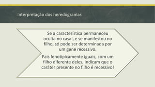 Interpretação dos heredogramas

Se a característica permaneceu
oculta no casal, e se manifestou no
filho, só pode ser determinada por
um gene recessivo.
Pais fenotipicamente iguais, com um
filho diferente deles, indicam que o
caráter presente no filho é recessivo!

 