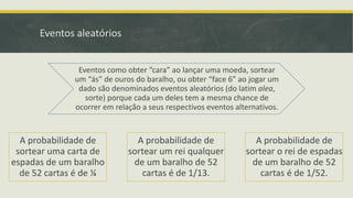 Eventos aleatórios
Eventos como obter “cara” ao lançar uma moeda, sortear
um “ás” de ouros do baralho, ou obter “face 6” ao jogar um
dado são denominados eventos aleatórios (do latim alea,
sorte) porque cada um deles tem a mesma chance de
ocorrer em relação a seus respectivos eventos alternativos.

A probabilidade de
sortear uma carta de
espadas de um baralho
de 52 cartas é de ¼

A probabilidade de
sortear um rei qualquer
de um baralho de 52
cartas é de 1/13.

A probabilidade de
sortear o rei de espadas
de um baralho de 52
cartas é de 1/52.

 