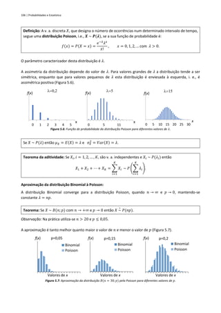 106 | Probabilidades e Estatística
Definição: A v. a. discreta 𝑋, que designa o número de ocorrências num determinado intervalo de tempo,
segue uma distribuição Poisson, i.e., 𝑿 ~ 𝑷(𝝀), se a sua função de probabilidade é:
𝑓(𝑥) = 𝑃(𝑋 = 𝑥) =
𝑒−𝜆
𝜆𝑥
𝑥!
, 𝑥 = 0, 1, 2, … com 𝜆 > 0.
O parâmetro caracterizador desta distribuição é 𝜆.
A assimetria da distribuição depende do valor de 𝜆. Para valores grandes de 𝜆 a distribuição tende a ser
simétrica, enquanto que para valores pequenos de 𝜆 esta distribuição é enviesada à esquerda, i. e., é
assimétrica positiva (Figura 5.6).
Figura 5.6: Função de probabilidade da distribuição Poisson para diferentes valores de 𝜆.
Se 𝑋 ~ 𝑃(𝜆) então 𝜇𝑋 = 𝐸(𝑋) = 𝜆 e 𝜎𝑋
2
= 𝑉𝑎𝑟(𝑋) = 𝜆.
Teorema da aditividade: Se 𝑋𝑖, 𝑖 = 1, 2, … , 𝐾, são v. a. independentes e 𝑋𝑖 ~ 𝑃(𝜆𝑖) então
𝑋1 + 𝑋2 + ⋯ + 𝑋𝐾 = ∑ 𝑋𝑖
𝐾
𝑖=1
~ 𝑃 (∑ 𝜆𝑖
𝐾
𝑖=1
).
Aproximação da distribuição Binomial à Poisson:
A distribuição Binomial converge para a distribuição Poisson, quando 𝑛 → ∞ e 𝑝 → 0, mantendo-se
constante 𝜆 = 𝑛𝑝.
Teorema: Se 𝑋 ~ 𝐵(𝑛; 𝑝) com 𝑛 → +∞ e 𝑝 → 0 então 𝑋 ~
∘
𝑃(𝑛𝑝).
Observação: Na prática utiliza-se 𝑛 > 20 e 𝑝 ≤ 0,05.
A aproximação é tanto melhor quanto maior o valor de 𝑛 e menor o valor de 𝑝 (Figura 5.7).
Figura 5.7: Aproximação da distribuição 𝐵(𝑛 = 30;𝑝) pela Poisson para diferentes valores de 𝑝.
0 1 2 3 4 5
f(x)
x
l=0,2
0 5 11
f(x)
x
l=5
0 5 10 15 20 25 30
f(x)
x
l=15
f(x)
Valores de x
p=0,05
Binomial
Poisson
f(x)
Valores de x
p=0,15
Binomial
Poisson
f(x)
Valores de x
p=0,2
Binomial
Poisson
 