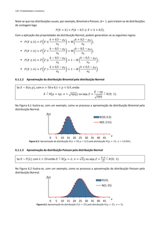 128 | Probabilidades e Estatística
Note-se que nas distribuições usuais, por exemplo, Binomial e Poisson, ∆= 1, pois tratam-se de distribuições
de contagem logo
𝑃(𝑋 = 𝑘) ≈ 𝑃(𝑘 − 0,5 ≤ 𝑋 < 𝑘 + 0,5).
Com a aplicação das propriedades da distribuição Normal, podem generalizar-se as seguintes regras:
▪ 𝑃(𝑋 ≤ 𝑘) ≈ 𝑃 (𝑍 ≤
𝑘 + 0,5 − 𝜇𝑋
𝜎𝑋
) = Φ (
𝑘 + 0,5 − 𝜇𝑋
𝜎𝑋
) ;
▪ 𝑃(𝑋 < 𝑘) ≈ 𝑃 (𝑍 <
𝑘 − 0,5 − 𝜇𝑋
𝜎𝑋
) = Φ (
𝑘 − 0,5 − 𝜇𝑋
𝜎𝑋
) ;
▪ 𝑃(𝑋 ≥ 𝑘) ≈ 𝑃 (𝑍 ≥
𝑘 − 0,5 − 𝜇𝑋
𝜎𝑋
) = 1 − Φ (
𝑘 − 0,5 − 𝜇𝑋
𝜎𝑋
) ;
▪ 𝑃(𝑋 > 𝑘) ≈ 𝑃 (𝑍 >
𝑘 + 0,5 − 𝜇𝑋
𝜎𝑋
) = 1 − Φ (
𝑘 + 0,5 − 𝜇𝑋
𝜎𝑋
).
6.1.1.2 Aproximação da distribuição Binomial pela distribuição Normal
Se 𝑋 ~ 𝐵(𝑛; 𝑝), com 𝑛 > 50 e 0,1 < 𝑝 < 0,9, então
𝑋 ~
∘
𝑁(𝜇 = 𝑛𝑝; 𝜎 = √𝑛𝑝𝑞), ou seja, 𝑍 =
𝑋 − 𝑛𝑝
√𝑛𝑝𝑞
~
∘
𝑁(0; 1).
Na Figura 6.1 ilustra-se, com um exemplo, como se processa a aproximação da distribuição Binomial pela
distribuição Normal.
Figura 6.1: Aproximação da distribuição 𝐵(𝑛 = 50;𝑝 = 0,3) pela distribuição 𝑁(𝜇 = 15; 𝜎 = 3,2404).
6.1.1.3 Aproximação da distribuição Poisson pela distribuição Normal
Se 𝑋 ~ 𝑃(𝜆), com 𝜆 > 20 então 𝑋 ~
∘
𝑁(𝜇 = 𝜆; 𝜎 = √𝜆), ou seja, 𝑍 =
𝑋−𝜆
√𝜆
~
∘
𝑁(0; 1).
Na Figura 6.2 ilustra-se, com um exemplo, como se processa a aproximação da distribuição Poisson pela
distribuição Normal.
Figura 6.2: Aproximação da distribuição 𝑃(𝜆 = 25) pela distribuição 𝑁(𝜇 = 25; 𝜎 = 5).
0 5 10 15 20 25 30 35 40 45
f(x)
x
B(50; 0,3)
N(9; 2,51)
0 5 10 15 20 25 30 35 40 45
f(x)
x
P(25)
N(5; 25)
 