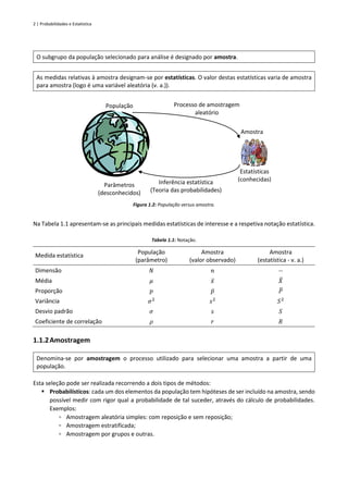 2 | Probabilidades e Estatística
O subgrupo da população selecionado para análise é designado por amostra.
As medidas relativas à amostra designam-se por estatísticas. O valor destas estatísticas varia de amostra
para amostra (logo é uma variável aleatória (v. a.)).
Figura 1.2: População versus amostra.
Na Tabela 1.1 apresentam-se as principais medidas estatísticas de interesse e a respetiva notação estatística.
Tabela 1.1: Notação.
Medida estatística
População
(parâmetro)
Amostra
(valor observado)
Amostra
(estatística - v. a.)
Dimensão 𝑁 𝑛 --
Média 𝜇 𝑥̅ 𝑋
̅
Proporção 𝑝 𝑝̅ 𝑃
̅
Variância 𝜎2
𝑠2
𝑆2
Desvio padrão 𝜎 𝑠 𝑆
Coeficiente de correlação 𝜌 𝑟 𝑅
1.1.2Amostragem
Denomina-se por amostragem o processo utilizado para selecionar uma amostra a partir de uma
população.
Esta seleção pode ser realizada recorrendo a dois tipos de métodos:
▪ Probabilísticos: cada um dos elementos da população tem hipóteses de ser incluído na amostra, sendo
possível medir com rigor qual a probabilidade de tal suceder, através do cálculo de probabilidades.
Exemplos:
▫ Amostragem aleatória simples: com reposição e sem reposição;
▫ Amostragem estratificada;
▫ Amostragem por grupos e outras.
Inferência estatística
(Teoria das probabilidades)
Parâmetros
(desconhecidos)
Processo de amostragem
aleatório
Estatísticas
(conhecidas)
Amostra
População
 