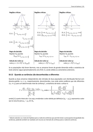 Testes de hipóteses | 191
Regiões críticas: Regiões críticas: Regiões críticas:
𝑅. 𝐴. : ] − 𝑡𝑛1+𝑛2−2;1−
𝛼
2
;
𝑡𝑛1+𝑛2−2;1−
𝛼
2
[
𝑅. 𝑅. : ]−∞; −𝑡𝑛1+𝑛2−2;1−
𝛼
2
]
∪ [𝑡𝑛1+𝑛2−2;1−
𝛼
2
; +∞[
𝑅. 𝐴. : ]−∞; 𝑡𝑛1+𝑛2−2;1−𝛼[
𝑅. 𝑅. : [𝑡𝑛1+𝑛2−2;1−𝛼; +∞[
𝑅. 𝐴. : ]−𝑡𝑛1+𝑛2−2;1−𝛼; +∞[
𝑅. 𝑅. : ]−∞; −𝑡𝑛1+𝑛2−2;1−𝛼]
Regra de decisão:
Rejeitar 𝐻0 quando
|𝑡𝑜𝑏𝑠| ≥ 𝑡𝑛1+𝑛2−2;1−
𝛼
2
Regra de decisão:
Rejeitar 𝐻0 quando
𝑡𝑜𝑏𝑠 ≥ 𝑡𝑛1+𝑛2−2;1−𝛼
Regra de decisão:
Rejeitar 𝐻0 quando
𝑡𝑜𝑏𝑠 ≤ −𝑡𝑛1+𝑛2−2;1−𝛼
Cálculo do 𝐯𝐚𝐥𝐨𝐫 𝒑:
valor 𝑝 = 2 × 𝑃(𝑇 ≥ |𝑡𝑜𝑏𝑠|)
Cálculo do 𝐯𝐚𝐥𝐨𝐫 𝒑:
valor 𝑝 = 𝑃(𝑇 ≥ 𝑡𝑜𝑏𝑠)
Cálculo do 𝐯𝐚𝐥𝐨𝐫 𝒑:
valor 𝑝 = 𝑃(𝑇 ≤ 𝑡𝑜𝑏𝑠)
Se as populações não forem Normais, mas as amostras forem de grande dimensão então a estatística de
teste anterior segue aproximadamente uma 𝑁(0; 1), sendo válidos os comentários anteriores.
8.4.3 Quando as variâncias são desconhecidas e diferentes
Quando as duas amostras independentes são retiradas de duas populações com distribuição Normal com
desvios-padrão 𝜎1 e 𝜎2, respectivamente, desconhecidos, mas onde existe evidência que são diferentes
(𝜎1 ≠ 𝜎2) para um determinado nível de confiança†
, a estatística de teste a utilizar é:
𝑇 =
(𝑋1 − 𝑋2) − (𝜇1 − 𝜇2)0
√
𝑆1
2
𝑛1
+
𝑆2
2
𝑛2
~
∘
𝑡𝑣, onde 𝑣 =
[
(
𝑆1
2
𝑛1
+
𝑆2
2
𝑛2
)
2
1
𝑛1 − 1 (
𝑆1
2
𝑛1
)
2
+
1
𝑛2 − 1 (
𝑆2
2
𝑛2
)
2
]
,
sendo [𝑟] a parte inteira de 𝑟 (ou seja, arredondar o valor obtido por defeito) e (𝜇1 − 𝜇2)0 representa o valor
que se assume para 𝜇1 − 𝜇2 em 𝐻0.
†
Adiante abordar-se o teste de hipótese para a razão de variâncias que permite testar o pressuposto de igualdade das
variâncias, podendo também ser avaliado com recurso ao intervalo de confiança para a razão de variâncias.
 