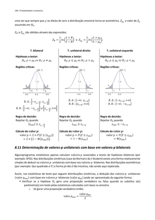 198 | Probabilidades e Estatística
uma vez que sempre que 𝜌 se afasta de zero a distribuição amostral torna-se assimétrica. 𝑍𝜌0
o valor de 𝑍𝜌
assumido em 𝐻0.
𝑍𝑅 e 𝑍𝜌0
são obtidos através das expressões:
𝑍𝑅 =
1
2
𝑙𝑛 (
1 + 𝑅
1 − 𝑅
) e 𝑍𝜌0
=
1
2
𝑙𝑛 (
1 + 𝜌0
1 − 𝜌0
).
T. bilateral T. unilateral direito T. unilateral esquerdo
Hipóteses a testar:
𝐻0: 𝜌 = 𝜌0 𝑣𝑠 𝐻1: 𝜌 ≠ 𝜌0
Hipóteses a testar:
𝐻0: 𝜌 ≤ 𝜌0 𝑣𝑠 𝐻1: 𝜌 > 𝜌0
Hipóteses a testar:
𝐻0: 𝜌 ≥ 𝜌0 𝑣𝑠 𝐻1: 𝜌 < 𝜌0
Regiões críticas: Regiões críticas: Regiões críticas:
𝑅. 𝐴. : ]−𝑧1−
𝛼
2
; 𝑧1−
𝛼
2
[
𝑅. 𝑅. : ]−∞; −𝑧1−
𝛼
2
] ∪ [𝑧1−
𝛼
2
; +∞[
𝑅. 𝐴. : ]−∞; 𝑧1−𝛼[
𝑅. 𝑅. : [𝑧1−𝛼; +∞[
𝑅. 𝐴. : ]−𝑧1−𝛼;+∞[
𝑅. 𝑅. : ]−∞; −𝑧1−𝛼]
Regra de decisão:
Rejeitar 𝐻0 quando
|𝑧𝑜𝑏𝑠| ≥ 𝑧1−
𝛼
2
Regra de decisão:
Rejeitar 𝐻0 quando
𝑧𝑜𝑏𝑠 ≥ 𝑧1−𝛼
Regra de decisão:
Rejeitar 𝐻0 quando
𝑧𝑜𝑏𝑠 ≤ −𝑧1−𝛼
Cálculo do 𝐯𝐚𝐥𝐨𝐫 𝒑:
valor 𝑝 = 2 × 𝑃(𝑍 ≥ |𝑧𝑜𝑏𝑠|)
= 2 × (1 − Φ(|𝑧𝑜𝑏𝑠|))
Cálculo do 𝐯𝐚𝐥𝐨𝐫 𝒑:
valor 𝑝 = 𝑃(𝑍 ≥ 𝑧𝑜𝑏𝑠)
= 1 − Φ(𝑧𝑜𝑏𝑠)
Cálculo do 𝐯𝐚𝐥𝐨𝐫 𝒑:
valor 𝑝 = 𝑃(𝑍 ≤ 𝑧𝑜𝑏𝑠)
= Φ(𝑧𝑜𝑏𝑠)
8.11 Determinação de valores-p unilaterais com base em valores-p bilaterais
Algunsprogramas estatísticos apenas calculam valores 𝑝 associados a testes de hipóteses bilaterais (por
exemplo: SPSS). Nas distribuições simétricas (caso da Normal e da t-Student) existe uma forma relativamente
simples de deduzir os valores 𝑝 unilaterais com base nos valores 𝑝 bilaterais. Nas distribuições assimétricas
(por exemplo: Qui-quadrado e 𝐹) a forma já não é tão intuitiva, não sendo aqui explorada.
Assim, nas estatísticas de teste que seguem distribuições simétricas, a dedução dos valores 𝑝 unilaterais
(valor 𝑝𝑢𝑛𝑖) com base em valores 𝑝 bilaterais (valor 𝑝𝑏𝑖𝑙) pode ser apresentada da seguinte forma:
▪ Verificar se a hipótese 𝐻1 gera uma proposição verdadeira ou falsa quando se substitui o(s)
parâmetro(s) em teste pelas estatísticas calculadas com base na amostra.
o Se gerar uma proposição verdadeira então:
valor 𝑝𝑢𝑛𝑖 =
valor 𝑝𝑏𝑖𝑙
2
.
 