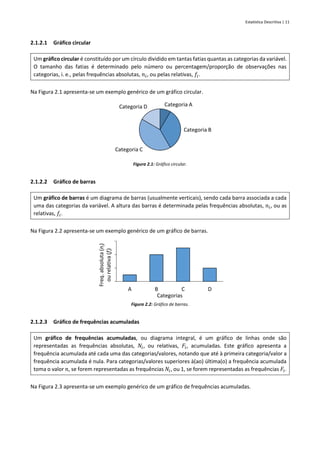 Estatística Descritiva | 11
2.1.2.1 Gráfico circular
Um gráfico circular é constituído por um círculo dividido em tantas fatias quantas as categorias da variável.
O tamanho das fatias é determinado pelo número ou percentagem/proporção de observações nas
categorias, i. e., pelas frequências absolutas, 𝑛𝑖, ou pelas relativas, 𝑓𝑖.
Na Figura 2.1 apresenta-se um exemplo genérico de um gráfico circular.
Figura 2.1: Gráfico circular.
2.1.2.2 Gráfico de barras
Um gráfico de barras é um diagrama de barras (usualmente verticais), sendo cada barra associada a cada
uma das categorias da variável. A altura das barras é determinada pelas frequências absolutas, 𝑛𝑖, ou as
relativas, 𝑓𝑖.
Na Figura 2.2 apresenta-se um exemplo genérico de um gráfico de barras.
Figura 2.2: Gráfico de barras.
2.1.2.3 Gráfico de frequências acumuladas
Um gráfico de frequências acumuladas, ou diagrama integral, é um gráfico de linhas onde são
representadas as frequências absolutas, 𝑁𝑖, ou relativas, 𝐹𝑖, acumuladas. Este gráfico apresenta a
frequência acumulada até cada uma das categorias/valores, notando que até à primeira categoria/valor a
frequência acumulada é nula. Para categorias/valores superiores à(ao) última(o) a frequência acumulada
toma o valor 𝑛, se forem representadas as frequências 𝑁𝑖, ou 1, se forem representadas as frequências 𝐹𝑖.
Na Figura 2.3 apresenta-se um exemplo genérico de um gráfico de frequências acumuladas.
Categoria A
Categoria B
Categoria C
Categoria D
A B C D
Freq.
absoluta
(n
i
)
ou
relativa
(f
i
)
Categorias
 