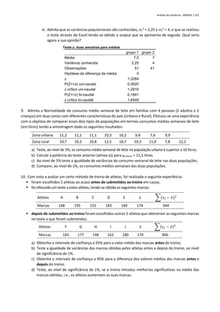 Análise de variância - ANOVA | 231
iii. Admita que as variâncias populacionais são conhecidas, 1
2
= 2,25 e 2
2
= 4, e que se realizou
o teste através do Excel tendo-se obtido o output que se apresenta de seguida. Qual seria
agora a sua opinião?
Teste z: duas amostras para médias
grupo 1 grupo 2
Média 7,5 7
Variância conhecida 2,25 4
Observações 51 41
Hipótese de diferença de média 0
z 1,3284
P(Z<=z) uni-caudal 0,0920
z crítico uni-caudal 1,2816
P(Z<=z) bi-caudal 0,1841
z crítico bi-caudal 1,6449
9. Admita a Normalidade do consumo médio semanal de leite em famílias com 4 pessoas (2 adultos e 2
crianças) em duas zonas com diferentes características do país (Urbano e Rural). Efetuou-se uma experiência
com o objetivo de comparar esses dois tipos de populações em termos consumos médios semanais de leite
(em litros) tendo a amostragem dado os seguintes resultados:
Zona urbana 11,2 11,1 11,1 10,3 10,2 9,4 7,6 9,9
Zona rural 10,7 10,3 10,8 12,5 10,7 10,3 11,0 7,8 12,2
a) Teste, ao nível de 5%, se consumo médio semanal de leite na população urbana é superior a 10 litros.
b) Calcule a potência do teste anterior (alínea a)) para urbano = 11,5 litros.
c) Ao nível de 5% teste a igualdade de variâncias do consumo semanal de leite nas duas populações.
d) Compare, ao nível de 1%, os consumos médios semanais das duas populações.
10. Com vista a avaliar um certo método de treino de atletas, foi realizada a seguinte experiência:
▪ foram escolhidos 5 atletas ao acaso antes de submetidos ao treino em causa;
▪ foi efetuado um teste a estes atletas, tendo-se obtido as seguintes marcas:
Atletas A B C D E 𝑥̄ ∑(𝑥𝑖 − 𝑥̄)2
Marcas 168 195 155 183 169 174 944
▪ depois de submetidos ao treino foram escolhidos outros 5 atletas que obtiveram as seguintes marcas
no teste a que foram submetidos:
Atletas F G H I J 𝑥̄ ∑(𝑥𝑖 − 𝑥̄)2
Marcas 183 177 148 162 180 170 866
a) Obtenha o intervalo de confiança a 95% para o valor médio das marcas antes do treino.
b) Teste a igualdade de variâncias das marcas obtidas pelos atletas antes e depois do treino, ao nível
de significância de 1%.
c) Obtenha o intervalo de confiança a 95% para a diferença dos valores médios das marcas antes e
depois do treino.
d) Teste, ao nível de significância de 1%, se o treino introduz melhorias significativas na média das
marcas obtidas, i.e., os atletas aumentam as suas marcas.
 