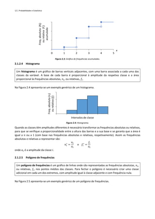 12 | Probabilidades e Estatística
Figura 2.3: Gráfico de frequências acumuladas.
2.1.2.4 Histograma
Um histograma é um gráfico de barras verticais adjacentes, com uma barra associada a cada uma das
classes da variável. A base de cada barra é proporcional à amplitude da respetiva classe e a área
proporcional às frequências absolutas, 𝑛𝑖, ou relativas, 𝑓𝑖.
Na Figura 2.4 apresenta-se um exemplo genérico de um histograma.
Figura 2.4: Histograma.
Quando as classes têm amplitudes diferentes é necessário transformar as frequências absolutas ou relativas,
para que se verifique a proporcionalidade entre a altura das barras e a sua base e se garanta que a área é
igual a 𝑛 ou a 1 (com base nas frequências absolutas e relativas, respetivamente). Assim as frequências
absolutas e relativas a representar são:
𝑛𝑖
∗
=
𝑛𝑖
𝑎𝑖
e 𝑓𝑖
∗
=
𝑓𝑖
𝑎𝑖
onde 𝑎𝑖 é a amplitude da classe 𝑖.
2.1.2.5 Polígono de frequências
Um polígono de frequências é um gráfico de linhas onde são representadas as frequências absolutas, 𝑛𝑖,
ou relativas, 𝑓𝑖, nos pontos médios das classes. Para fechar o polígono é necessário criar uma classe
adicional em cada um dos extremos, com amplitude igual à classe adjacente e com frequência nula.
Na Figura 2.5 apresenta-se um exemplo genérico de um polígono de frequências.
0 1 2 3 4 5
Freq.
absoluta
(N
i
)
ou
relativa
(F
i
)
acumulada
x
Freq.
absoluta
(n
i
)
ou
relativa
(f
i
)
Intervalos de classe
 