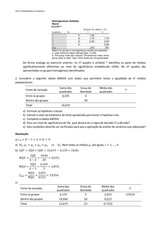 250 | Probabilidades e Estatística
Homogeneous Subsets
Racio
Scheffea,b
Instituto N
Subset for alpha = 0.1
1 2
1 5 1,50
3 6 1,70 1,70
2 6 2,50 2,50
4 5 2,80
Sig. ,233 ,167
Means for groups in homogeneous subsets are displayed.
a. Uses Harmonic Mean Sample Size = 5,455.
b. The group sizes are unequal. The harmonic mean of the
group sizes is used. Type I error levels are not guaranteed.
De forma análoga ao exercício anterior, no 1º quadro o símbolo * identifica os pares de médias
significativamente diferentes ao nível de significância estabelecido (10%). No 2º quadro são
apresentados os grupos homogéneos identificados.
2. Considere a seguinte tabela ANOVA com dados que permitem testar a igualdade de 𝐾 médias
populacionais:
Fonte de variação
Soma dos
quadrados
Graus de
liberdade
Média dos
quadrados
F
Entre os grupos 6,159 3
Dentro dos grupos 20
Total 16,619
a) Formule as hipóteses a testar.
b) Calcule o valor da estatística de teste apropriada para testar a hipótese nula.
c) Complete a tabela ANOVA.
d) Para um nível de significância de 5%, qual deverá ser a regra de decisão? E a decisão?
e) Que condições deverão ser verificadas para que a aplicação da análise de variância seja adequada?
Resolução:
𝑔. 𝑙.𝐴 = 𝐾 − 1 = 3 ⇒ 𝐾 = 4.
a) 𝐻0: 𝜇1 = 𝜇2 = 𝜇3 = 𝜇4 vs 𝐻1: Nem todas as médias 𝜇𝑖 são iguais, 𝑖 = 1, … , 4.
b) 𝑆𝑄𝑇 = 𝑆𝑄𝐴 + 𝑆𝑄𝐸 = 16,619 − 6,159 = 10,46.
𝑀𝑄𝐸 =
𝑆𝑄𝐸
𝑛 − 𝑘
=
10,46
20
= 0,523;
𝑀𝑄𝐴 =
𝑆𝑄𝐴
𝑘 − 1
=
6,159
3
= 2,053;
𝑓𝑜𝑏𝑠 =
𝑀𝑄𝐴
𝑀𝑄𝐸
=
2,053
0,523
= 3,9254.
c)
Fonte de variação
Soma dos
quadrados
Graus de
liberdade
Média dos
quadrados
𝐹
Entre os grupos 6,159 3 2,053 3,9254
Dentro dos grupos 10,460 20 0,523
Total 16,619 23 0,7226
 