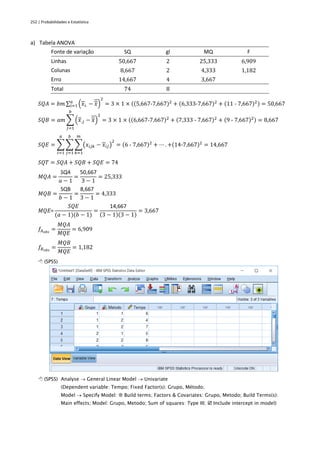252 | Probabilidades e Estatística
a) Tabela ANOVA
Fonte de variação SQ gl MQ F
Linhas 50,667 2 25,333 6,909
Colunas 8,667 2 4,333 1,182
Erro 14,667 4 3,667
Total 74 8
𝑆𝑄𝐴 = 𝑏𝑚 ∑ (𝑥𝑖. − 𝑥)
2
𝑎
𝑖=1 = 3 × 1 × ((5,667-7,667)2
+ (6,333-7,667)2
+ (11 - 7,667)2) = 50,667
𝑆𝑄𝐵 = 𝑎𝑚 ∑ (𝑥.𝑗 − 𝑥)
2
𝑏
𝑗=1
= 3 × 1 × ((6,667-7,667)2
+ (7,333 - 7,667)2
+ (9 - 7,667)2) = 8,667
𝑆𝑄𝐸 = ∑ ∑ ∑(𝑥𝑖𝑗𝑘 − 𝑥𝑖𝑗)
2
𝑚
𝑘=1
𝑏
𝑗=1
𝑎
𝑖=1
= (6 - 7,667)2
+ ⋯ . +(14-7,667)2
= 14,667
𝑆𝑄𝑇 = 𝑆𝑄𝐴 + 𝑆𝑄𝐵 + 𝑆𝑄𝐸 = 74
𝑀𝑄𝐴 =
SQA
𝑎 − 1
=
50,667
3 − 1
= 25,333
𝑀𝑄𝐵 =
SQB
𝑏 − 1
=
8,667
3 − 1
= 4,333
𝑀𝑄𝐸=
𝑆𝑄𝐸
(𝑎 − 1)(𝑏 − 1)
=
14,667
(3 − 1)(3 − 1)
= 3,667
𝑓𝐴𝑜𝑏𝑠
=
𝑀𝑄𝐴
𝑀𝑄𝐸
= 6,909
𝑓𝐵𝑜𝑏𝑠
=
𝑀𝑄𝐵
𝑀𝑄𝐸
= 1,182
 (SPSS)
 (SPSS) Analyse → General Linear Model → Univariate
(Dependent variable: Tempo; Fixed Factor(s): Grupo, Método;
Model → Specify Model:  Build terms; Factors & Covariates: Grupo, Metodo; Build Terms(s):
Main effects; Model: Grupo, Metodo; Sum of squares: Type III;  Include intercept in model)
 
