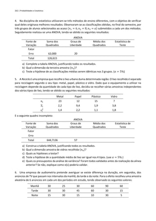 262 | Probabilidades e Estatística
4. Na disciplina de estatística utilizaram-se três métodos de ensino diferentes, com o objetivo de verificar
qual deles originava melhores resultados. Observaram-se as classificações obtidas, no final do semestre, por
três grupos de alunos selecionados ao acaso (𝑛1 = 6, 𝑛2 = 8, 𝑛3 = 𝑎) submetidos a cada um dos métodos.
Seguidamente realizou-se uma ANOVA, tendo-se obtido os seguintes resultados:
ANOVA
Fonte de
Variação
Soma dos
Quadrados
Graus de
Liberdade
Média dos
Quadrados
Estatística de
Teste
Fator
Erro 62,000 20
Total 126,615
a) Complete a tabela ANOVA, justificando todos os resultados.
b) Qual a dimensão da terceira amostra (𝑛3)?
c) Teste a hipótese de as classificações médias serem idênticas nos 3 grupos. (𝛼 = 5%)
5. A Recicla é uma empresa que recolhe o lixo urbano duma determinada região. O lixo recolhido é separado
para reciclagem segundo o seu tipo: metal, papel, plástico e vidro. Dado que o equipamento a utilizar na
reciclagem depende da quantidade de cada tipo de lixo, decidiu-se recolher várias amostras independentes
dos vários tipos de lixo, tendo-se obtido os seguintes resultados:
Metal Papel Plástico Vidro
𝑛𝑖 23 12 15 ?
𝑥𝑖 2,2 9,4 1,9 3,8
𝑠𝑖
2 1,4 2,2 1,1 1,8
E o seguinte quadro incompleto:
ANOVA
Fonte de
Variação
Soma dos
Quadrados
Graus de
Liberdade
Média dos
Quadrados
Estatística de
Teste
Fator
Erro
Total 644,7136 57
a) Construa a tabela ANOVA, justificando todos os resultados.
b) Qual a dimensão amostra de vidros recolhida (𝑛4)?
c) Quais as hipóteses a testar?
d) Teste a hipótese de a quantidade média de lixo ser igual nos 4 tipos. (use 𝛼 = 5%.)
e) Quais os pressupostos da análise de variância? Foram todos validados antes da realização da alínea
anterior? Se não, explique como o(s) poderia validar.
6. Uma empresa de audiometria pretende averiguar se existe diferença na duração, em segundos, dos
anúncios de TV que passam nos intervalos da manhã, da tarde e da noite. Para o efeito recolheu uma amostra
aleatória de 6 anúncios em cada um dos períodos em estudo, tendo observado os seguintes valores:
Manhã 30 25 30 60 90 60
Tarde 30 30 45 60 30 15
Noite 15 30 15 10 30 5
 