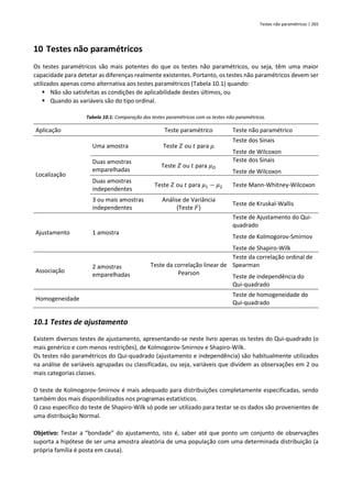Testes não paramétricos | 265
10 Testes não paramétricos
Os testes paramétricos são mais potentes do que os testes não paramétricos, ou seja, têm uma maior
capacidade para detetar as diferenças realmente existentes. Portanto, os testes não paramétricos devem ser
utilizados apenas como alternativa aos testes paramétricos (Tabela 10.1) quando:
▪ Não são satisfeitas as condições de aplicabilidade destes últimos, ou
▪ Quando as variáveis são do tipo ordinal.
Tabela 10.1: Comparação dos testes paramétricos com os testes não paramétricos.
Aplicação Teste paramétrico Teste não paramétrico
Localização
Uma amostra Teste 𝑍 ou 𝑡 para 𝜇
Teste dos Sinais
Teste de Wilcoxon
Duas amostras
emparelhadas
Teste 𝑍 ou 𝑡 para 𝜇𝐷
Teste dos Sinais
Teste de Wilcoxon
Duas amostras
independentes
Teste 𝑍 ou 𝑡 para 𝜇1 − 𝜇2 Teste Mann-Whitney-Wilcoxon
3 ou mais amostras
independentes
Análise de Variância
(Teste 𝐹)
Teste de Kruskal-Wallis
Ajustamento 1 amostra
Teste de Ajustamento do Qui-
quadrado
Teste de Kolmogorov-Smirnov
Teste de Shapiro-Wilk
Associação
2 amostras
emparelhadas
Teste da correlação linear de
Pearson
Teste da correlação ordinal de
Spearman
Teste de independência do
Qui-quadrado
Homogeneidade
Teste de homogeneidade do
Qui-quadrado
10.1 Testes de ajustamento
Existem diversos testes de ajustamento, apresentando-se neste livro apenas os testes do Qui-quadrado (o
mais genérico e com menos restrições), de Kolmogorov-Smirnov e Shapiro-Wilk.
Os testes não paramétricos do Qui-quadrado (ajustamento e independência) são habitualmente utilizados
na análise de variáveis agrupadas ou classificadas, ou seja, variáveis que dividem as observações em 2 ou
mais categorias classes.
O teste de Kolmogorov-Smirnov é mais adequado para distribuições completamente especificadas, sendo
também dos mais disponibilizados nos programas estatísticos.
O caso específico do teste de Shapiro-Wilk só pode ser utilizado para testar se os dados são provenientes de
uma distribuição Normal.
Objetivo: Testar a “bondade” do ajustamento, isto é, saber até que ponto um conjunto de observações
suporta a hipótese de ser uma amostra aleatória de uma população com uma determinada distribuição (a
própria família é posta em causa).
 