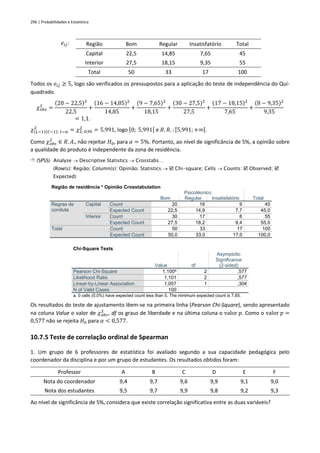 296 | Probabilidades e Estatística
𝑒𝑖𝑗: Região Bom Regular Insatisfatório Total
Capital 22,5 14,85 7,65 45
Interior 27,5 18,15 9,35 55
Total 50 33 17 100
Todos os 𝑒𝑖𝑗 ≥ 5, logo são verificados os pressupostos para a aplicação do teste de independência do Qui-
quadrado.
𝜒𝑜𝑏𝑠
2
=
(20 − 22,5)2
22,5
+
(16 − 14,85)2
14,85
+
(9 − 7,65)2
18,15
+
(30 − 27,5)2
27,5
+
(17 − 18,15)2
7,65
+
(8 − 9,35)2
9,35
= 1,1.
𝜒(𝐿−1)(𝐶−1); 1−𝛼
2
= 𝜒2; 0,95
2
= 5,991, logo [0; 5,991[ e 𝑅. 𝑅. : [5,991; +∞[.
Como 𝜒𝑜𝑏𝑠
2
∈ 𝑅. 𝐴., não rejeitar 𝐻0, para 𝛼 = 5%. Portanto, ao nível de significância de 5%, a opinião sobre
a qualidade do produto é independente da zona de residência.
 (SPSS) Analyse → Descriptive Statistics → Crosstabs…
(Row(s): Região; Column(s): Opinião; Statistics →  Chi-square; Cells → Counts:  Observed; 
Expected)
Região de residência * Opinião Crosstabulation
Psicotécnico
Total
Bom Regular Insatisfatório
Regras de
conduta
Capital Count 20 16 9 45
Expected Count 22,5 14,9 7,7 45,0
Interior Count 30 17 8 55
Expected Count 27,5 18,2 9,4 55,0
Total Count 50 33 17 100
Expected Count 50,0 33,0 17,0 100,0
Chi-Square Tests
Value df
Asymptotic
Significance
(2-sided)
Pearson Chi-Square 1,100a
2 ,577
Likelihood Ratio 1,101 2 ,577
Linear-by-Linear Association 1,057 1 ,304
N of Valid Cases 100
a. 0 cells (0,0%) have expected count less than 5. The minimum expected count is 7,65.
Os resultados do teste de ajustamento lêem-se na primeira linha (Pearson Chi-Square), sendo apresentado
na coluna Value o valor de 𝜒𝑜𝑏𝑠
2
, df os graus de liberdade e na última coluna o valor 𝑝. Como o valor 𝑝 =
0,577 não se rejeita 𝐻0 para 𝛼 < 0,577.
10.7.5 Teste de correlação ordinal de Spearman
1. Um grupo de 6 professores de estatística foi avaliado segundo a sua capacidade pedagógica pelo
coordenador da disciplina e por um grupo de estudantes. Os resultados obtidos foram:
Professor A B C D E F
Nota do coordenador 9,4 9,7 9,6 9,9 9,1 9,0
Nota dos estudantes 9,5 9,7 9,9 9,8 9,2 9,3
Ao nível de significância de 5%, considera que existe correlação significativa entre as duas variáveis?
 
