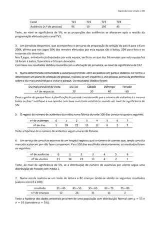 Regressão linear simples | 309
Canal TV1 TV2 TV3 TV4
Audiência (n.º de pessoas) 95 10 150 45
Teste, ao nível se significância de 5%, se as proporções das audiências se alteraram após a revisão da
programação efetuada pelo canal TV1.
3. Um jornalista desportivo, que acompanhou o percurso de preparação da seleção do país X para o Euro
2004, afirma que nos jogos 50% dos remates efetuados por esta equipa são à baliza, 20% para fora e os
restantes são desviados.
Nos 2 jogos, entretanto já disputados por esta equipa, verificou-se que dos 34 remates que esta equipa fez
16 foram à baliza, 9 para fora e 9 foram desviados.
Com base nos resultados obtidos concorda com a afirmação do jornalista, ao nível de significância de 5%?
4. Numa determinada comunidade a autarquia pretende abrir ao público um parque didático. De forma a
desenvolver um plano de afetação de pessoal, realizou-se um inquérito a 140 pessoas acerca da preferência
sobre o dia mais provável para visitar o parque. Os resultados obtidos foram:
Dia mais provável de visita Dia útil Sábado Domingo Feriado
n.º de respostas 20 20 40 60
Deve o gestor do parque fazer a planificação do pessoal considerando que o número de visitantes é o mesmo
todos os dias? Justifique a sua opinião com base num teste estatístico usando um nível de significância de
5%.
5. O registo do número de acidentes ocorridos numa fábrica durante 100 dias consta no quadro seguinte:
nº de acidentes 0 1 2 3 4 5 6 7
nº de dias 5 39 22 13 11 6 2 2
Teste a hipótese de o número de acidentes seguir uma lei de Poisson.
6. Um serviço de consultas externas de um hospital registou qual o número de utentes que, tendo consulta
marcada acabaram por não fazer comparecer. Para 100 dias escolhidos aleatoriamente, os resultados foram
os seguintes:
nº de ausências 0 1 2 3 4 5 6
nº de utentes 21 36 23 13 4 2 1
Teste, ao nível de significância de 5%, se a distribuição do número de ausências por utente segue uma
distribuição de Poisson com média 1.
7. Numa escola realizou-se um teste de leitura a 82 crianças tendo-se obtido os seguintes resultados
(valores entre 0 e 100):
resultado 35 – 45 45 – 55 55 – 65 65 – 75 75 – 85
n.º de crianças 12 26 31 11 2
Teste a hipótese dos dados amostrais provirem de uma população com distribuição Normal com 𝜇 = 55 e
𝜎 = 10 (considere 𝛼 = 5%).
 