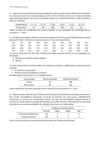 310 | Probabilidades e Estatística
8. Espera-se que numa determinada etapa do Mega Paris-Dakar se gaste cerca de 100 litros de combustível,
em carros que concorrem na mesma categoria e com a mesma cilindrada. Crê-se que os desvios cometidos
sigam distribuição Normal. Para testar esta hipótese efetuou-se a análise de 595 carros, tendo-se obtido os
seguintes resultados:
Combustível (l) [-; -3[ [-3; -1[ [-1; 0[ [0; 1[ [1; 3[ [3; +[
N.º de carros 10 95 200 190 90 10
Podem os dados ser considerados uma amostra aleatória de uma população com distribuição Normal
(considere 𝛼 = 10%)?
9. Os dados que se seguem referem-se ao comprimento (em cm) de um grupo de bebés prematuros (idade
gestacional inferior a 36 semanas) nascidos durante um mês numa maternidade.
21,7 30 29,7 23,4 35,2 24,7 20,4 41,4 13,6 32,2
37,8 23,8 33,3 31,6 20,1 19,1 32,7 33,5 18,3 25,4
40,2 36,8 33,1 17,2 13,3 33,7 12,6 21,6 24,6 19,6
24,1 37,4 28,1 16,2 33,7 28,2 21 27,3 24,3 29,9
Ao nível de significância de 10%, teste a hipótese dos dados amostrais provirem de uma população com
distribuição:
a) Normal com média 29 e desvio padrão 6.
b) Normal.
10. Num levantamento de opinião pública, foi realizado um inquérito a 1000 pessoas composto por duas
questões:
▪ “É a favor da coincineração?”
▪ “Reside no distrito de Setúbal ou Coimbra?”
Na tabela seguinte apresentam-se os resultados obtidos:
Coincineração Distrito de Setúbal Distrito de Coimbra
A favor 20 300
Não é a favor 80 600
Teste a hipótese de não existir associação entre as respostas às duas questões (𝛼 = 10%).
11. Suspeita-se que o alumínio seja um fator que contribui para o desenvolvimento da doença de Alzheimer.
Num estudo, investigadores compararam um grupo de pacientes com outro grupo, cuidadosamente
selecionado, de pessoas com características comuns mas que não são portadoras daquela doença. O
interesse do estudo reside na utilização de antiácidos que contêm alumínio. Cada indivíduo foi classificado
de acordo com o uso desses antiácidos. Os resultados encontram-se na tabela abaixo.
Antiácido contendo alumínio
Nenhum Baixo Médio Alto
Com doença de Alzheimer 112 3 5 8
Grupo de Controle 114 9 3 2
Estará o uso de antiácidos contendo alumínio relacionado com a doença de Alzheimer?
 