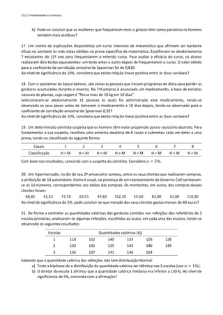 312 | Probabilidades e Estatística
b) Pode-se concluir que as mulheres que frequentam mais o ginásio têm como parceiros os homens
também mais assíduos?
17. Um centro de explicações disponibiliza um curso intensivo de matemática que afirmam ser bastante
eficaz no combate às más notas obtidas na prova específica de matemática. Escolheram-se aleatoriamente
7 estudantes do 12º ano para frequentarem o referido curso. Para avaliar a eficácia do curso, os alunos
realizaram dois testes equivalentes: um teste antes e outro depois de frequentarem o curso. O valor obtido
para o coeficiente de correlação amostral de Spearman foi de 0,810.
Ao nível de significância de 10%, considera que existe relação linear positiva entre as duas variáveis?
18. Com o aproximar da época balnear, são várias as pessoas que iniciam programas de dieta para perder as
gorduras acumuladas durante o inverno. Na TVCompras é anunciado um medicamento, à base de estratos
naturais de plantas, cujo slogan é “Perca mais de 10 kg em 10 dias”.
Selecionaram-se aleatoriamente 31 pessoas às quais foi administrado este medicamento, tendo-se
observado os seus pesos antes de tomarem o medicamento e 10 dias depois, tendo-se observado para o
coeficiente de correlação amostral de Spearman 0,927
Ao nível de significância de 10%, considera que existe relação linear positiva entre as duas variáveis?
19. Um determinado cientista suspeita que os homens têm maior propensão para o raciocínio abstrato. Para
fundamentar a sua suspeita, recolheu uma amostra aleatória de 8 casais e submeteu cada um deles a uma
prova, tendo-os classificado da seguinte forma:
Casais 1 2 3 4 5 6 7 8
Classificação H > M H = M H > M H > M H > M H = M H > M H < M
Com base nos resultados, concorda com a suspeita do cientista. Considere 𝛼 = 5%.
20. Um hipermercado, no dia do seu 2º aniversário sorteou, entre os seus clientes que realizaram compras,
a atribuição de 10 automóveis. Como é usual, na presença de um representante do Governo Civil sortearam-
se os 10 números, correspondentes aos talões das compras. Os montantes, em euros, das compras desses
clientes foram:
68,45 42,52 77,10 62,51 47,60 102,20 55,50 82,00 41,00 110,30
Ao nível de significância de 5%, pode concluir-se que metade dos seus clientes gastou menos de 60 euros?
21. De forma a controlar as quantidades calóricas das gorduras contidas nas refeições dos refeitórios de 3
escolas primárias, analisaram-se algumas refeições, escolhidas ao acaso, em cada uma das escolas, tendo-se
observado os seguintes resultados:
Escolas Quantidades calóricas (Kj)
1 118 122 140 133 126 128
2 133 131 135 143 146 149
3 136 137 141 146 154
Sabendo que a quantidade calórica das refeições não tem distribuição Normal:
a) Teste a hipótese de a distribuição da quantidade calórica ser idêntica nas 3 escolas (use 𝛼 = 1%).
b) O diretor da escola 1 afirmou que a quantidade calórica mediana era inferior a 130 kj. Ao nível de
significância de 5%, concorda com a afirmação?
 