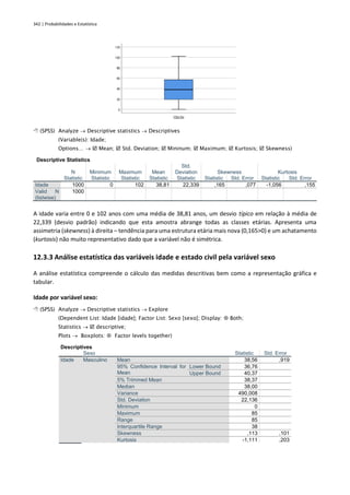 342 | Probabilidades e Estatística
 (SPSS) Analyze → Descriptive statistics → Descriptives
(Variable(s): Idade;
Options… →  Mean;  Std. Deviation;  Mininum;  Maximum;  Kurtosis;  Skewness)
Descriptive Statistics
N Minimum Maximum Mean
Std.
Deviation Skewness Kurtosis
Statistic Statistic Statistic Statistic Statistic Statistic Std. Error Statistic Std. Error
Idade 1000 0 102 38,81 22,339 ,165 ,077 -1,056 ,155
Valid N
(listwise)
1000
A idade varia entre 0 e 102 anos com uma média de 38,81 anos, um desvio típico em relação à média de
22,339 (desvio padrão) indicando que esta amostra abrange todas as classes etárias. Apresenta uma
assimetria (skewness) à direita – tendência para uma estrutura etária mais nova (0,165>0) e um achatamento
(kurtosis) não muito representativo dado que a variável não é simétrica.
12.3.3 Análise estatística das variáveis idade e estado civil pela variável sexo
A análise estatística compreende o cálculo das medidas descritivas bem como a representação gráfica e
tabular.
Idade por variável sexo:
 (SPSS) Analyze → Descriptive statistics → Explore
(Dependent List: Idade [idade]; Factor List: Sexo [sexo]; Display:  Both;
Statistics →  descriptive;
Plots → Boxplots:  Factor levels together)
Descriptives
Sexo Statistic Std. Error
Idade Masculino Mean 38,56 ,919
95% Confidence Interval for
Mean
Lower Bound 36,76
Upper Bound 40,37
5% Trimmed Mean 38,37
Median 38,00
Variance 490,008
Std. Deviation 22,136
Minimum 0
Maximum 85
Range 85
Interquartile Range 38
Skewness ,113 ,101
Kurtosis -1,111 ,203
 