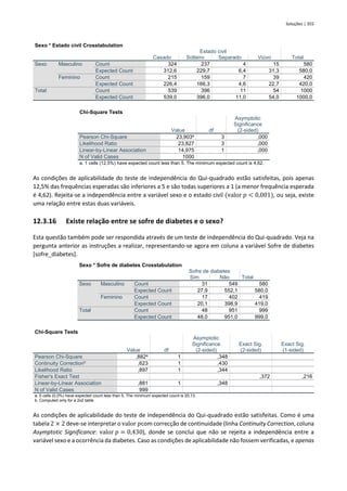 Soluções | 355
Sexo * Estado civil Crosstabulation
Estado civil
Total
Casado Solteiro Separado Viúvo
Sexo Masculino Count 324 237 4 15 580
Expected Count 312,6 229,7 6,4 31,3 580,0
Feminino Count 215 159 7 39 420
Expected Count 226,4 166,3 4,6 22,7 420,0
Total Count 539 396 11 54 1000
Expected Count 539,0 396,0 11,0 54,0 1000,0
Chi-Square Tests
Value df
Asymptotic
Significance
(2-sided)
Pearson Chi-Square 23,903a
3 ,000
Likelihood Ratio 23,827 3 ,000
Linear-by-Linear Association 14,975 1 ,000
N of Valid Cases 1000
a. 1 cells (12,5%) have expected count less than 5. The minimum expected count is 4,62.
As condições de aplicabilidade do teste de independência do Qui-quadrado estão satisfeitas, pois apenas
12,5% das frequências esperadas são inferiores a 5 e são todas superiores a 1 (a menor frequência esperada
é 4,62). Rejeita-se a independência entre a variável sexo e o estado civil (valor 𝑝 < 0,001), ou seja, existe
uma relação entre estas duas variáveis.
12.3.16 Existe relação entre se sofre de diabetes e o sexo?
Esta questão também pode ser respondida através de um teste de independência do Qui-quadrado. Veja na
pergunta anterior as instruções a realizar, representando-se agora em coluna a variável Sofre de diabetes
[sofre_diabetes].
Sexo * Sofre de diabetes Crosstabulation
Sofre de diabetes
Total
Sim Não
Sexo Masculino Count 31 549 580
Expected Count 27,9 552,1 580,0
Feminino Count 17 402 419
Expected Count 20,1 398,9 419,0
Total Count 48 951 999
Expected Count 48,0 951,0 999,0
Chi-Square Tests
Value df
Asymptotic
Significance
(2-sided)
Exact Sig.
(2-sided)
Exact Sig.
(1-sided)
Pearson Chi-Square ,882a
1 ,348
Continuity Correctionb
,623 1 ,430
Likelihood Ratio ,897 1 ,344
Fisher's Exact Test ,372 ,216
Linear-by-Linear Association ,881 1 ,348
N of Valid Cases 999
a. 0 cells (0,0%) have expected count less than 5. The minimum expected count is 20,13.
b. Computed only for a 2x2 table
As condições de aplicabilidade do teste de independência do Qui-quadrado estão satisfeitas. Como é uma
tabela 2 × 2 deve-se interpretar o valor 𝑝com correcção de continuidade (linha Continuity Correction, coluna
Asymptotic Significance: valor 𝑝 = 0,430), donde se conclui que não se rejeita a independência entre a
variável sexo e a ocorrência da diabetes. Caso as condições de aplicabilidade não fossem verificadas, e apenas
 