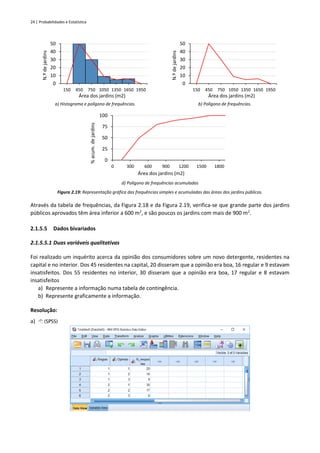 24 | Probabilidades e Estatística
a) Histograma e polígono de frequências. b) Polígono de frequências.
d) Polígono de frequências acumuladas
Figura 2.19: Representação gráfica das frequências simples e acumuladas das áreas dos jardins públicos.
Através da tabela de frequências, da Figura 2.18 e da Figura 2.19, verifica-se que grande parte dos jardins
públicos aprovados têm área inferior a 600 m2
, e são poucos os jardins com mais de 900 m2
.
2.1.5.5 Dados bivariados
2.1.5.5.1 Duas variáveis qualitativas
Foi realizado um inquérito acerca da opinião dos consumidores sobre um novo detergente, residentes na
capital e no interior. Dos 45 residentes na capital, 20 disseram que a opinião era boa, 16 regular e 9 estavam
insatisfeitos. Dos 55 residentes no interior, 30 disseram que a opinião era boa, 17 regular e 8 estavam
insatisfeitos
a) Represente a informação numa tabela de contingência.
b) Represente graficamente a informação.
Resolução:
a)  (SPSS)
0
10
20
30
40
50
150 450 750 1050 1350 1650 1950
N.º
de
jardins
Área dos jardins (m2)
0
10
20
30
40
50
150 450 750 1050 1350 1650 1950
N.º
de
jardins
Área dos jardins (m2)
0
25
50
75
100
0 300 600 900 1200 1500 1800
%
acum.
de
jardins
Área dos jardins (m2)
 