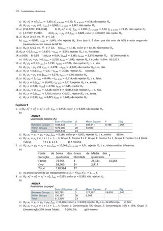 372 | Probabilidades e Estatística
c) 𝐻1: 𝜎1
2
≠ 𝜎2
2
; 𝑓𝑜𝑏𝑠 = 0,801; 𝑓7; 8; 0,025 = 0,20; 𝑓7; 8; 0,975 = 4,53; não rejeitar 𝐻0.
d) 𝐻1: 𝜇1 − 𝜇2 ≠ 0; |𝑡𝑜𝑏𝑠| = 0,969; 𝑡15; 0,995 = 2,947; não rejeitar 𝐻0.
10. a) ]154,9252; 193,0748[. b) 𝐻1: 𝜎1
2
≠ 𝜎2
2
; 𝑓𝑜𝑏𝑠 = 1,090; 𝑓4; 4; 0,005 = 0,04; 𝑓4; 4; 0,995 = 23,15; não rejeitar 𝐻0.
c) ]-17,937; 25,937[. d) 𝐻1: 𝜇1 − 𝜇2 < 0; 𝑡𝑜𝑏𝑠 = 0,420; 𝑣𝑎𝑙𝑜𝑟 𝑝 = 0,6572; não rejeitar 𝐻0.
11. a) 𝐻0: 𝑝 ≥ 0,6 𝑣𝑠. 𝐻1: 𝑝 < 0,6.
b) 𝑧𝑜𝑏𝑠 = -0,843; 𝑧0,95 = -1,645; não rejeitar 𝐻0. Erro tipo II. É dizer que são mais de 60% e estar enganado
(realmente serem menos de 60 %).
12. a) 𝐻0: 𝑝 ≤ 0,5 𝑣𝑠. 𝐻1: 𝑝 > 0,5. b) 𝑧𝑜𝑏𝑠 = 1,131; 𝑣𝑎𝑙𝑜𝑟 𝑝 = 0,129; não rejeitar 𝐻0.
13. 𝐻1: 𝑝 < 0,5; 𝑧𝑜𝑏𝑠 = -16,975; −𝑧0,95 = -1,645; rejeitar 𝐻0, i. e., fez baixar.
14. a) 1056. b) 0,59. c) 𝐻1: 𝑝 ≠ 0,64; |𝑧𝑜𝑏𝑠| = 3,385; 𝑧0,995 = 2,576; rejeitar 𝐻0. d) Diminuindo 𝑛.
e) i) 𝐻1: 𝑝1 − 𝑝2 > 0; 𝑧𝑜𝑏𝑠 = 2,229; 𝑧0,95 = 1,645; rejeitar 𝐻0, i. e., não. ii) Sim. iii) 0,013.
15. a) 𝐻1: 𝑝2 ≠ 0,5; |𝑧𝑜𝑏𝑠| = 1,233; 𝑧0,995 = 2,576; não rejeitar 𝐻0, i. e., sim.
b) 𝐻1: 𝑝1 − 𝑝2 < 0; 𝑧𝑜𝑏𝑠 = -1,278; −𝑧0,95 = -1,645; não rejeitar 𝐻0, i. e., não.
16. a) 𝐻1: 𝑝 < 0,8; 𝑧𝑜𝑏𝑠 = -2,5; −𝑧0,99 = -2,326; rejeitar 𝐻0. b) 0,006.
c) 𝐻1: 𝑝1 − 𝑝2 ≠ 0; |𝑧𝑜𝑏𝑠| = 3,275; 𝑧0,975 = 1,96; rejeitar 𝐻0.
17. a) 𝐻1: 𝜇𝐷 < 5; 𝑡𝑜𝑏𝑠 = 0,444; −𝑡23; 0,95 = -1,714; não rejeitar 𝐻0, i. e., falso.
b) 𝐻1: 𝜌 ≠ 0; |𝑡𝑜𝑏𝑠| = 19,402; 𝑡22; 0,95 = 1,717; rejeitar 𝐻0, i. e., existe.
c) 𝐻1: 𝜌 ≠ 0,80; |𝑧𝑜𝑏𝑠| = 4,714; 𝑧0,95 = 1,645; rejeitar 𝐻0.
18. a) 𝐻1: 𝜇𝐷 < 0; 𝑡𝑜𝑏𝑠 = -1,528; 𝑣𝑎𝑙𝑜𝑟 𝑝 = 0,0852; não rejeitar 𝐻0, i. e., não.
b) 𝐻1: 𝜌 ≠ 0; |𝑡𝑜𝑏𝑠| = 7,705; 𝑣𝑎𝑙𝑜𝑟 𝑝 < 0,001; rejeitar 𝐻0, i. e., existe.
c) 𝐻1: 𝜌 > 0,90; 𝑧𝑜𝑏𝑠 = 0,875; 𝑧0,95 = 1,645; não rejeitar 𝐻0.
Capítulo 9
1. a) 𝐻0: 𝜎1
2
= 𝜎2
2
= 𝜎3
2
= 𝜎4
2
; 𝑓𝑜𝑏𝑠 = 0,557; 𝑣𝑎𝑙𝑜𝑟 𝑝 = 0,649; não rejeitar 𝐻0.
b)
ANOVA
Quantidade calórica (Kj)
Sum of Squares df Mean Square F Sig.
Between Groups 1486,833 3 495,611 9,186 ,001
Within Groups 1079,000 20 53,950
Total 2565,833 23
c) 𝐻0: 𝜇1 = 𝜇2 = 𝜇3 = 𝜇4; 𝑓𝑜𝑏𝑠 = 9,186; 𝑣𝑎𝑙𝑜𝑟 𝑝 = 0,001; rejeitar 𝐻0, i. e., existe. d) Sim.
e) 𝐻0: 𝜇𝑖 = 𝜇𝑗, 𝑖 ≠ 𝑗, e 𝑖, 𝑗 = 1, … ,4; Grupo 1: Escolas 3 e 2; Grupo 2: Escolas 2 e 1; Grupo 3: Escolas 1 e 4 (teste
Tukey). f) 3 e 2; 1 e 4. g) A mesma.
2. a) 𝐻0: 𝜇𝐴 = 𝜇𝐵 = 𝜇𝐶 = 𝜇𝐷; 𝑓𝑜𝑏𝑠 = 10,064; 𝑓3; 24; 0,95 = 3,01; rejeitar 𝐻0, i. e., idades médias diferentes.
b)
Fonte de
Variação
Soma dos
quadrados
Graus de
liberdade
Média dos
quadrados
F
Factor 72,964 3 24,321 10,064
Erro 58,000 24 2,417
Total 130,964 27
c) As amostras têm de ser independentes e 𝑋𝑖 ~ 𝑁(𝜇𝑖; 𝜎), 𝑖 = 1, …, 4.
3. a) 𝐻0: 𝜎1
2
= 𝜎2
2
= 𝜎3
2
= 𝜎4
2
; 𝑓𝑜𝑏𝑠 = 0,665; 𝑣𝑎𝑙𝑜𝑟 𝑝 = 0,583; não rejeitar 𝐻0.
b)
ANOVA
Resistência do papel
Sum of Squares df Mean Square F Sig.
Between Groups 382,792 3 127,597 19,605 ,000
Within Groups 130,167 20 6,508
Total 512,958 23
c) 𝐻0: 𝜇1 = 𝜇2 = 𝜇3 = 𝜇4; 𝑓𝑜𝑏𝑠 = 19,605; 𝑣𝑎𝑙𝑜𝑟 𝑝 < 0,001; rejeitar 𝐻0, i. e., há diferença. d) Sim.
e) 𝐻0: 𝜇𝑖 = 𝜇𝑗, 𝑖 ≠ 𝑗, e 𝑖, 𝑗 = 1, … ,4; Grupo 1: Concentração 5%, Grupo 2: Concentração 10% e 15%; Grupo 3:
Concentração 20% (teste Tukey). f) 20%; 5%. g) A mesma.
 