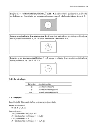 Introdução às probabilidades | 63
Designa-se por acontecimento complementar, 𝑨 ou 𝛀 − 𝑨, o acontecimento que ocorre se, e somente
se, 𝐴 não ocorre e é constituído por todos os resultados do espaço Ω não favoráveis à ocorrência de 𝐴.
Designa-se por implicação de acontecimentos, 𝑨 ⊂ 𝑩, quando a realização do acontecimento 𝐴 implica a
realização do acontecimento 𝐵 , i. e., se todo o elemento de 𝐴 é elemento de 𝐵.
Designam-se por acontecimentos idênticos, 𝑨 = 𝑩, quando a realização de um acontecimento implica a
realização do outro, i. e., 𝐴 ⊆ 𝐵 e 𝐵 ⊆ 𝐴.
3.2.2Terminologia
Conjuntos Acontecimentos
Ω Acontecimento certo
∅ Acontecimento impossível
𝑤 ∈ Ω Acontecimento elementar
3.2.3Exemplo
Experiência E1: Observação da face no lançamento de um dado.
Espaço de resultados:
Ω1: {1, 2, 3, 4, 5, 6}.
Acontecimentos:
𝐴 = Saída da face par = 2, 4, 6
𝐵 = Saída de face múltipla de 3 = 3, 6
𝐶 = Saída da face 2 = 2
𝐷 = Saída de face múltipla de 2 = 2, 4, 6
 