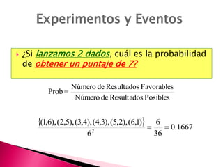 Experimentos y Eventos

   ¿Si lanzamos 2 dados, cuál es la probabilidad
    de obtener un puntaje de 7?

                  Número de Resultados Favorables
           Prob 
                   Número de Resultados Posibles


       (1,6), (2,5), (3,4), (4,3), (5,2), (6,1)     6
                                                          0.1667
                          62                          36
 