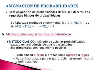ASIGNACION DE PROBABILIDADES
     En la asignación de probabilidades deben satisfacerse dos
      requisitos básicos de probabilidades

       i . Para cada resultado experimental Ei . 0 ≤ P(Ei) ≤ 1 , y
       ii. P(E1) + P(E2) + … + P(En) = 1

►   Métodos para asignar valores probabilísticos

    ♦ METODO CLASICO : Método de asignar probabilidades
       basado en la hipótesis de que los resultados
       experimentales son igualmente posibles

         - Probabilidad a priori o probabilidad objetiva o lógica
         - No será apropiada para tratar problemas económicos o
           administrativos
 
