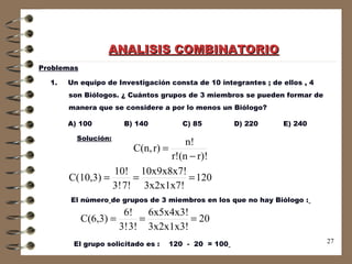 Problemas Un equipo de Investigación consta de 10 integrantes ; de ellos , 4  son Biólogos. ¿ Cuántos grupos de 3 miembros se pueden formar de manera que se considere a por lo menos un Biólogo?  Solución: ANALISIS COMBINATORIO A) 100  B) 140  C) 85  D) 220  E) 240 El número   de grupos de 3 miembros en los que no hay Biólogo :   El grupo solicitado es :  120  -  20  = 100   