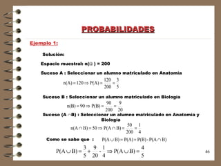 PROBABILIDADES Ejemplo 1: Solución: Espacio muestral: n(   ) = 200 Suceso A : Seleccionar un alumno matriculado en Anatomía Suceso B : Seleccionar un alumno matriculado en Biología Suceso (A   B) : Seleccionar un alumno matriculado en Anatomía y    Biología Como se sabe que  :  