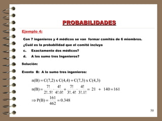 PROBABILIDADES Ejemplo 4: Solución: Con 7 ingenieros y 4 médicos se van  formar comités de 6 miembros.  ¿Cuál es la probabilidad que el comité incluya Exactamente dos médicos? A los sumo tres Ingenieros? Evento  B:  A lo sumo tres ingenieros: 