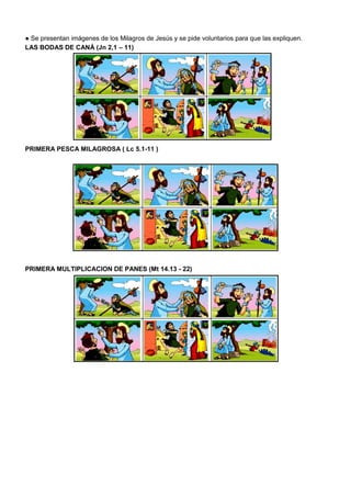 ● Se presentan imágenes de los Milagros de Jesús y se pide voluntarios para que las expliquen.
LAS BODAS DE CANÁ (Jn 2,1 – 11)
PRIMERA PESCA MILAGROSA ( Lc 5.1-11 )
PRIMERA MULTIPLICACION DE PANES (Mt 14.13 - 22)
 