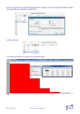 Mgs. Mario Suárez Distribuciones de Probabilidad
106
b) Clic en Aceptar. En la ventana de Argumentos de la función, en X seleccionar B2 en Media escribir o
seleccionar B1 y en Acumulado escribir Falso.
c) Clic en Aceptar
Los cálculos en Winstats se muestran en la siguiente figura:
 