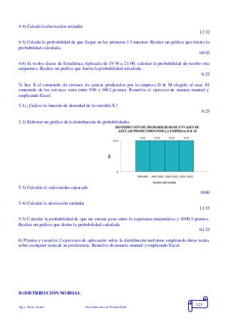 Mgs. Mario Suárez Distribuciones de Probabilidad
121
4.4) Calcule la desviación estándar
1,732
4.5) Calcule la probabilidad de que llegue en los primeros 15 minutos. Realice un gráfico que ilustre la
probabilidad calculada.
0,042
4.6) Si recibe clases de Estadística Aplicada de 19:30 a 21:00, calcular la probabilidad de recibir esta
asignatura. Realice un gráfico que ilustre la probabilidad calculada.
0,25
5) Sea X el contenido de envases de azúcar producidos por la empresa D & M elegido al azar. El
contenido de los envases varía entre 998 y 1002 gramos. Resuelva el ejercicio de manera manual y
empleando Excel.
5.1) ¿Cuál es la función de densidad de la variable X?.
0,25
5.2) Elaborar un gráfico de la distribución de probabilidades.
5.3) Calcular el valor medio esperado.
1000
5.4) Calcular la desviación estándar.
1,155
5.5) Calcular la probabilidad de que un envase pese entre la esperanza matemática y 1000,5 gramos.
Realice un gráfico que ilustre la probabilidad calculada.
0,125
6) Plantee y resuelva 2 ejercicios de aplicación sobre la distribución uniforme empleando datos reales
sobre cualquier tema de su preferencia. Resuelva de manera manual y empleando Excel.
D) DISTRIBUCIÓN NORMAL
 