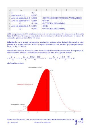 Mgs. Mario Suárez Distribuciones de Probabilidad
129
3) El peso promedio de 200 estudiantes varones de cierta universidad es 151 libras con una desviación
típica de 15 libras. Si los pesos están distribuidos normalmente, calcular la probabilidad y el número de
estudiantes que pesan Entre 120 y 155 libras
Solución: La curva normal corresponde a una función continua (valor decimal). Para resolver estos
problemas se emplea los límites inferior y superior según sea el caso, es decir, para este problema es
entre 119,5 y 155,5 libras
Para saber la ubicación de los datos dentro de una distribución estadística nos valemos de los puntajes Z.
Para calcular los puntajes Z se normaliza o estandariza los datos de la siguiente manera:
𝑍 =
𝑋 − 𝜇
𝜎
; 𝑍1 =
𝑋1 − 𝜇
𝜎
=
119,5 − 151
15
= −2,1 ; 𝑍2 =
𝑋2 − 𝜇
𝜎
=
155,5 − 151
15
= 0,3
Graficando se obtiene:
El área a la izquierda de Z = 0,3 con lectura en la tabla de la distribución normal es 0,6179
 